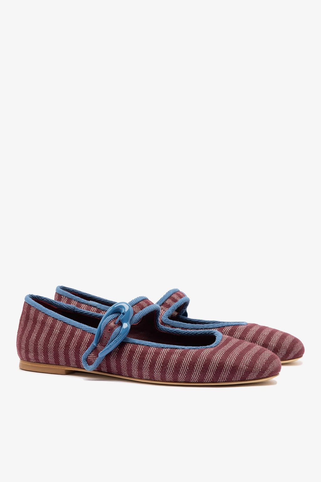 Larroude Verona Ballet Flat In Wine Striped Fabric and Blue Stoned Trimming