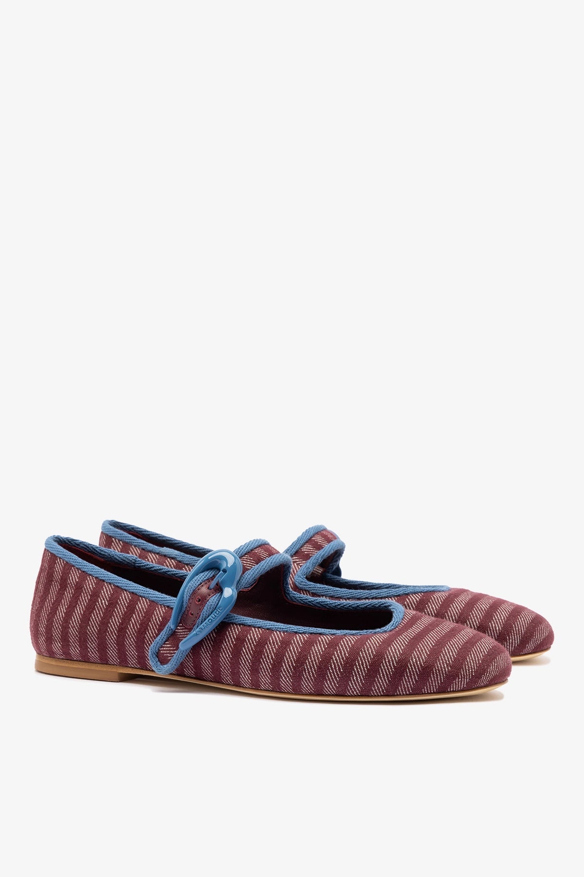 Larroude Verona Ballet Flat In Wine Striped Fabric and Blue Stoned Trimming