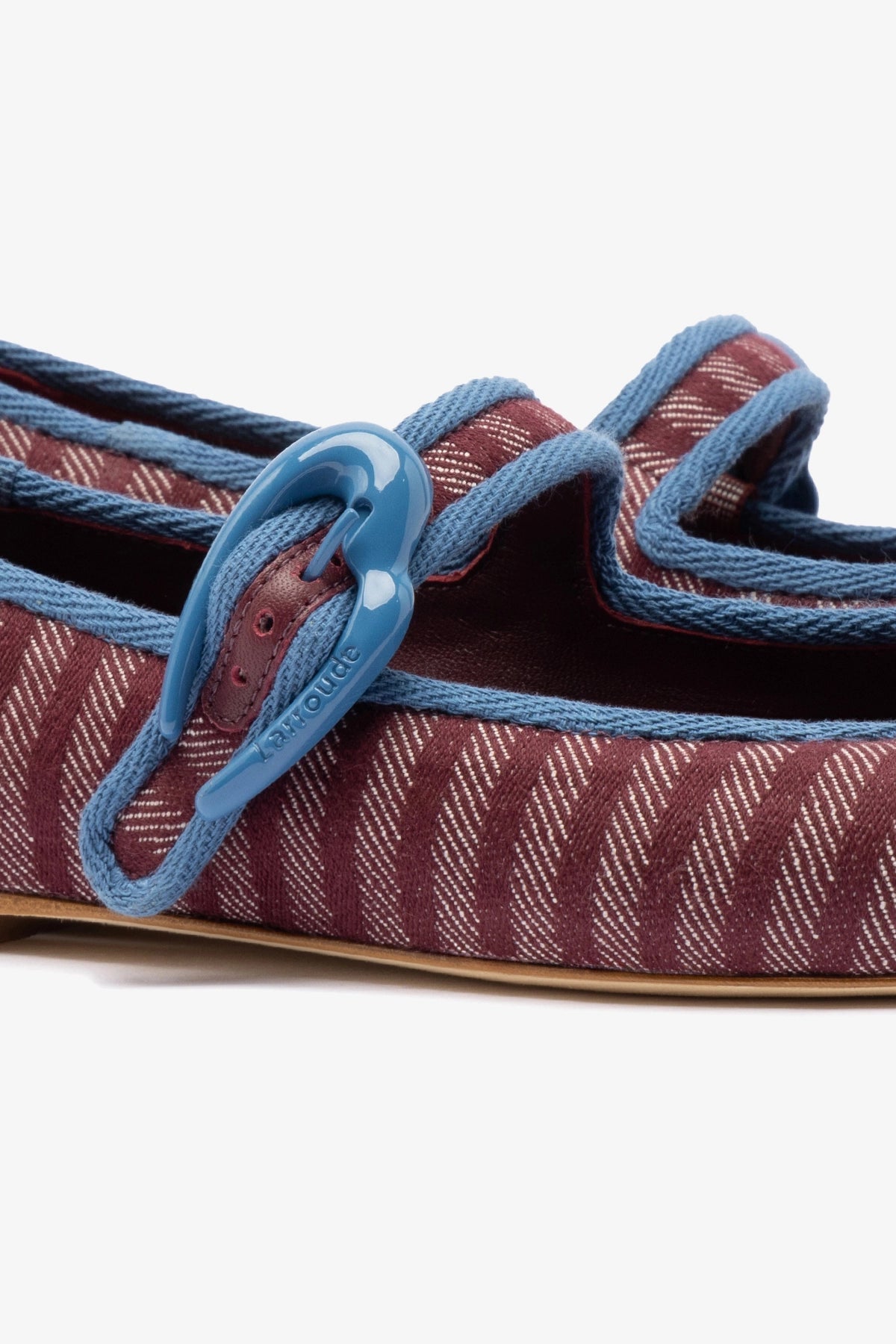Larroude Verona Ballet Flat In Wine Striped Fabric and Blue Stoned Trimming