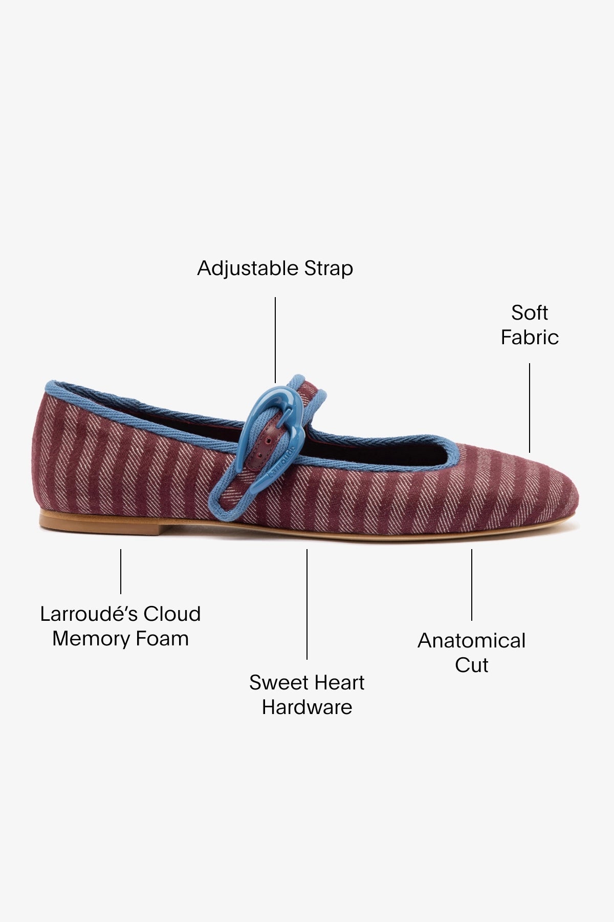 Larroude Verona Ballet Flat In Wine Striped Fabric and Blue Stoned Trimming