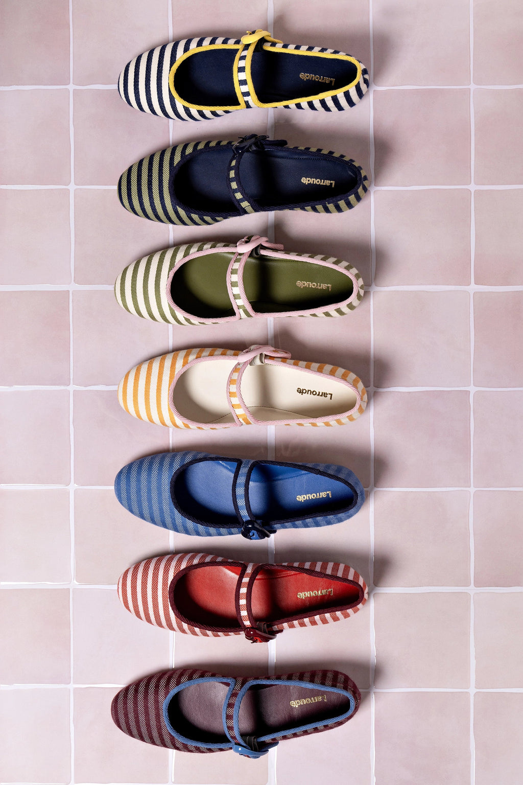 Larroude Verona Ballet Flat In Wine Striped Fabric and Blue Stoned Trimming