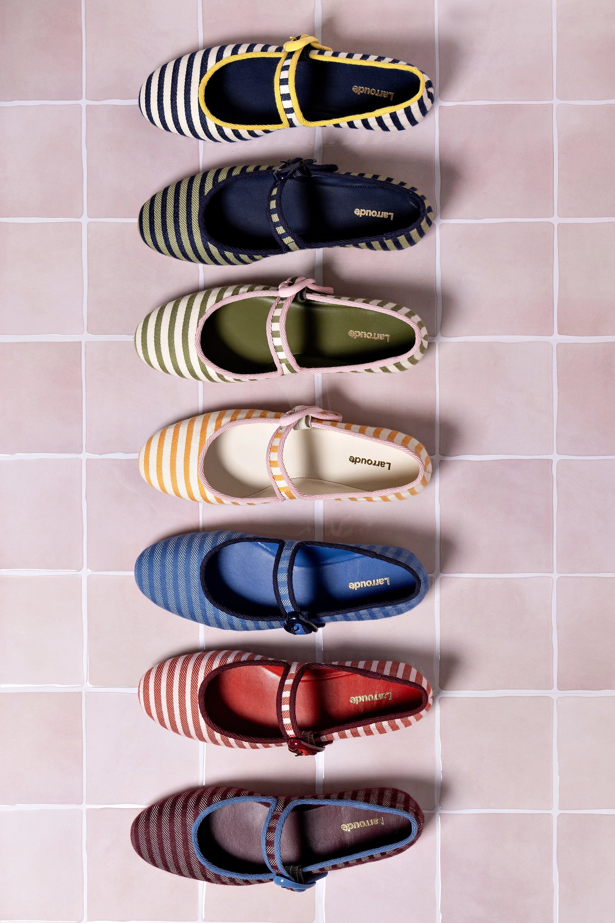 Larroude Verona Ballet Flat In Wine Striped Fabric and Blue Stoned Trimming