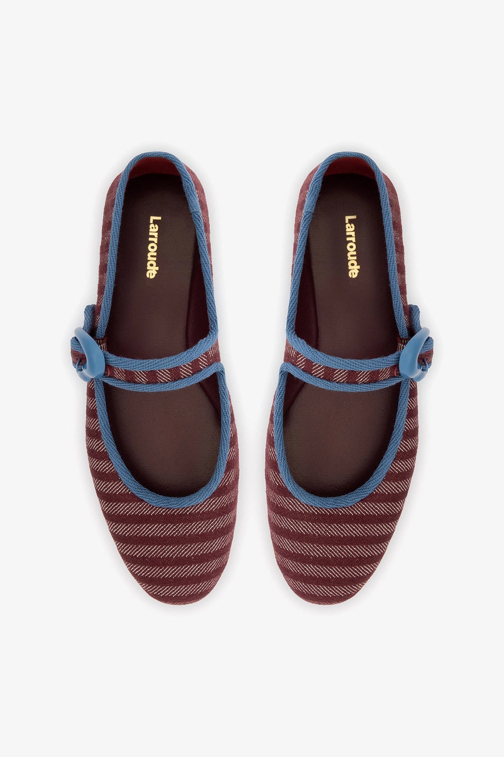 Larroude Verona Ballet Flat In Wine Striped Fabric and Blue Stoned Trimming