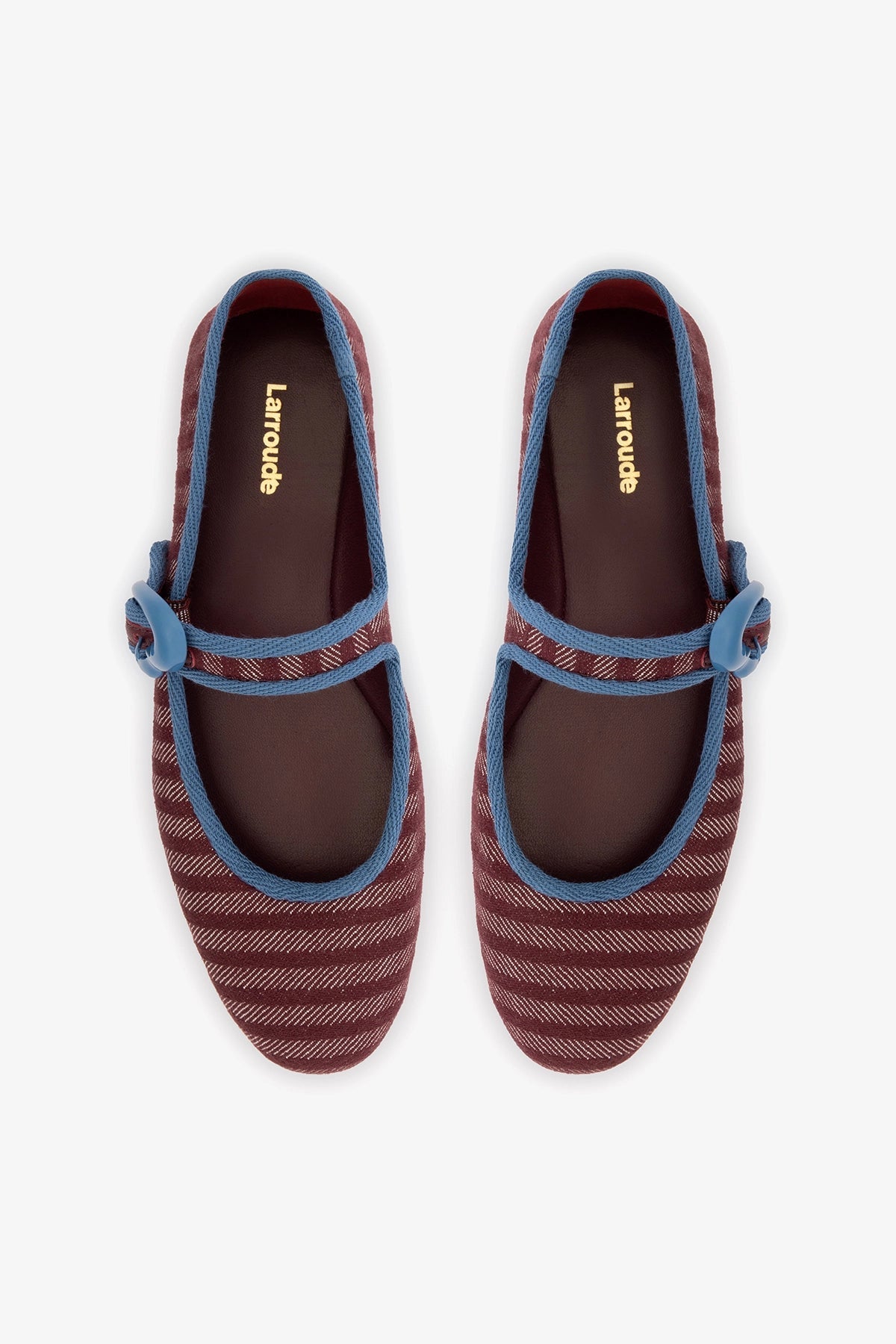Larroude Verona Ballet Flat In Wine Striped Fabric and Blue Stoned Trimming