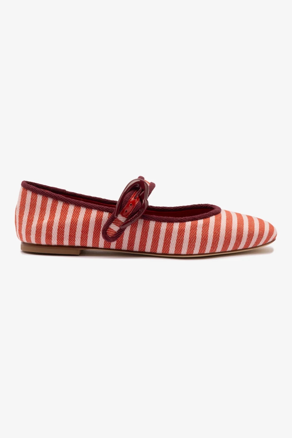 Larroude Verona Ballet Flat In Tulip and Carmine Striped Fabric and Burgundy Trimming