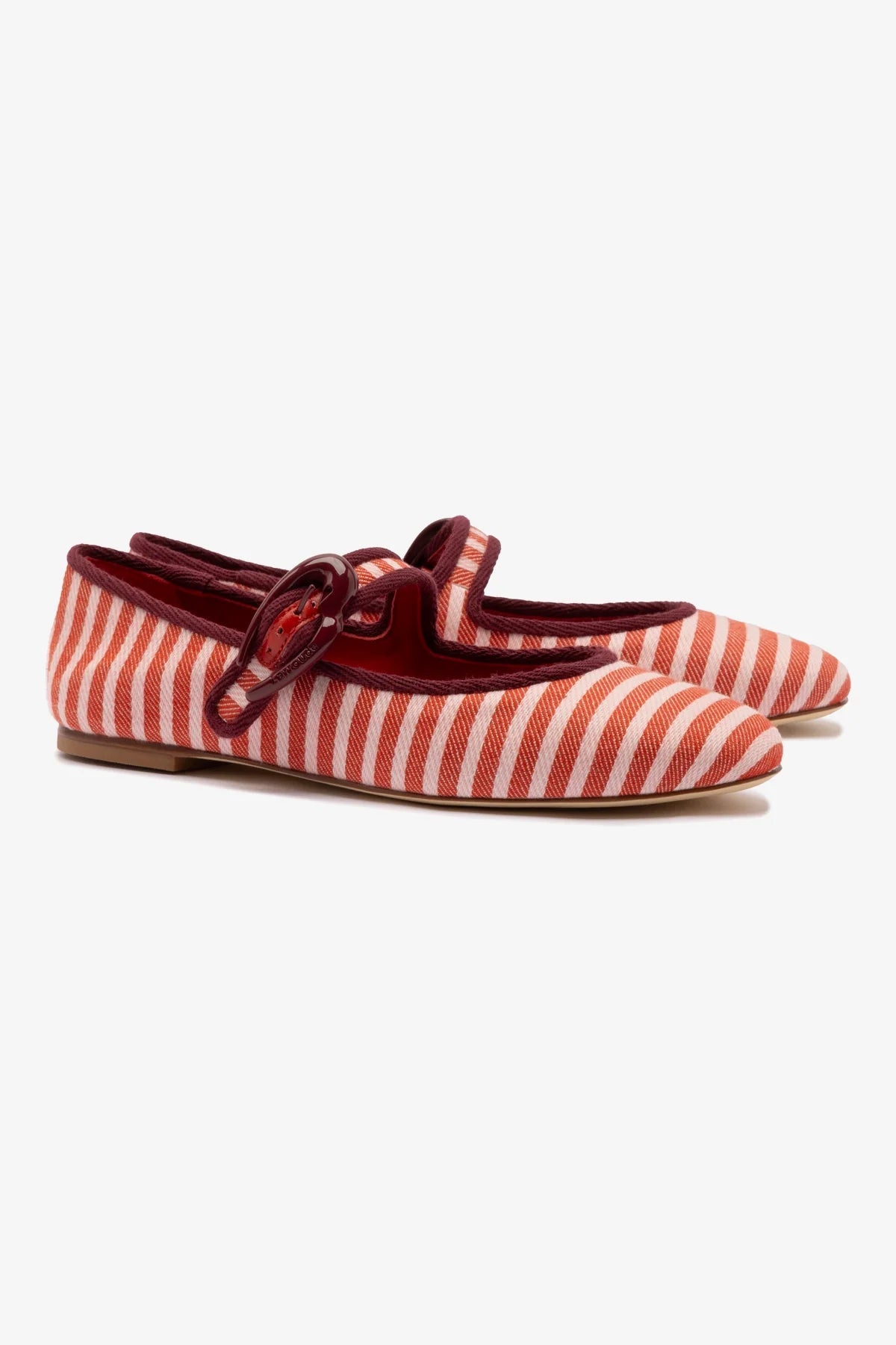 Larroude Verona Ballet Flat In Tulip and Carmine Striped Fabric and Burgundy Trimming