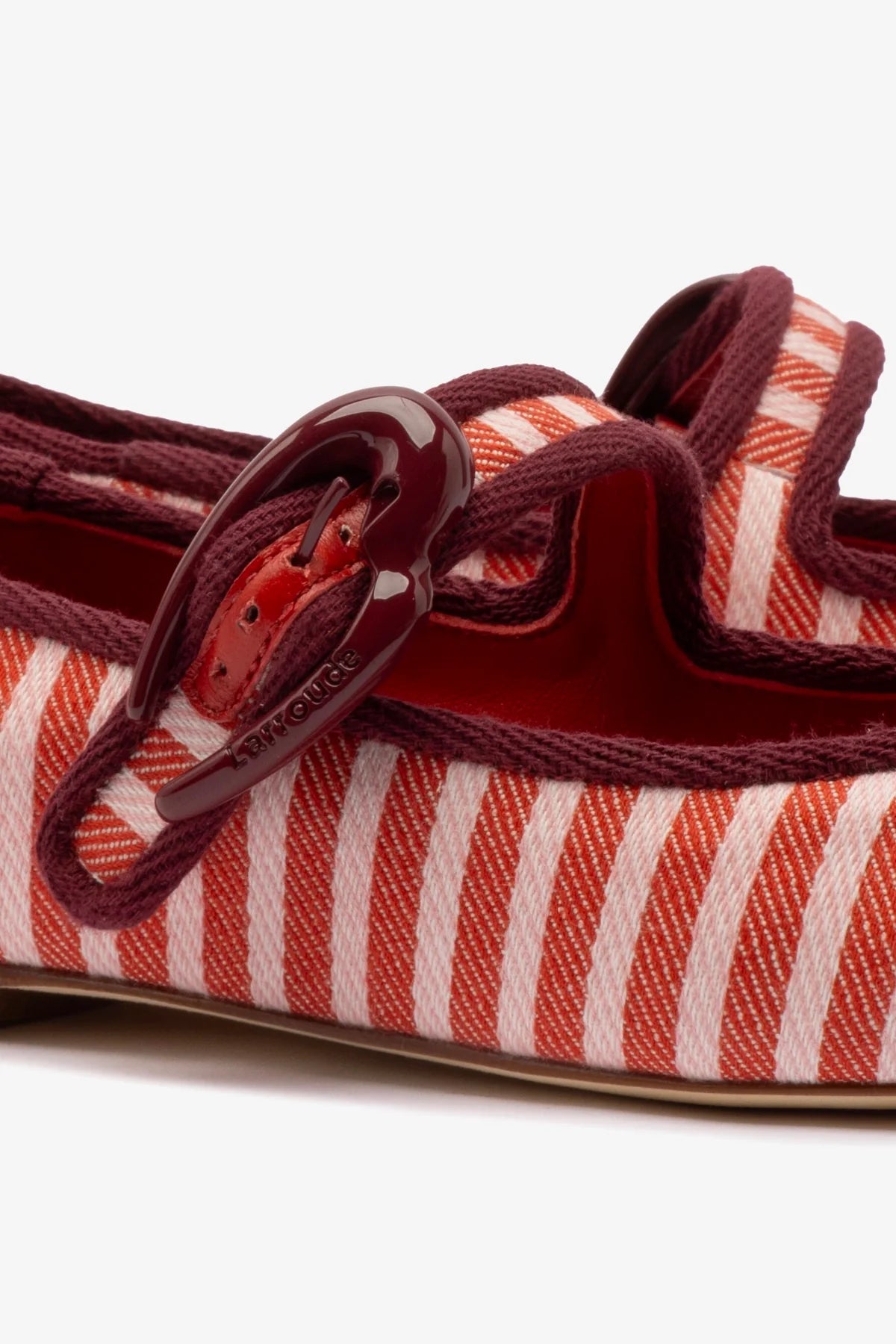 Larroude Verona Ballet Flat In Tulip and Carmine Striped Fabric and Burgundy Trimming