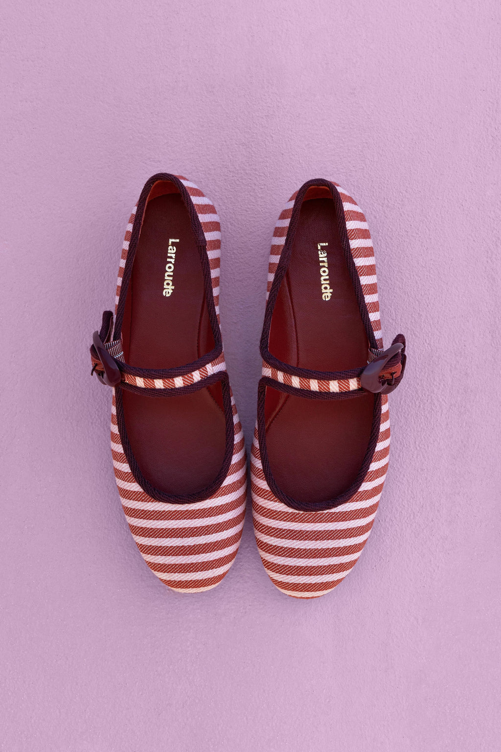 Larroude Verona Ballet Flat In Tulip and Carmine Striped Fabric and Burgundy Trimming