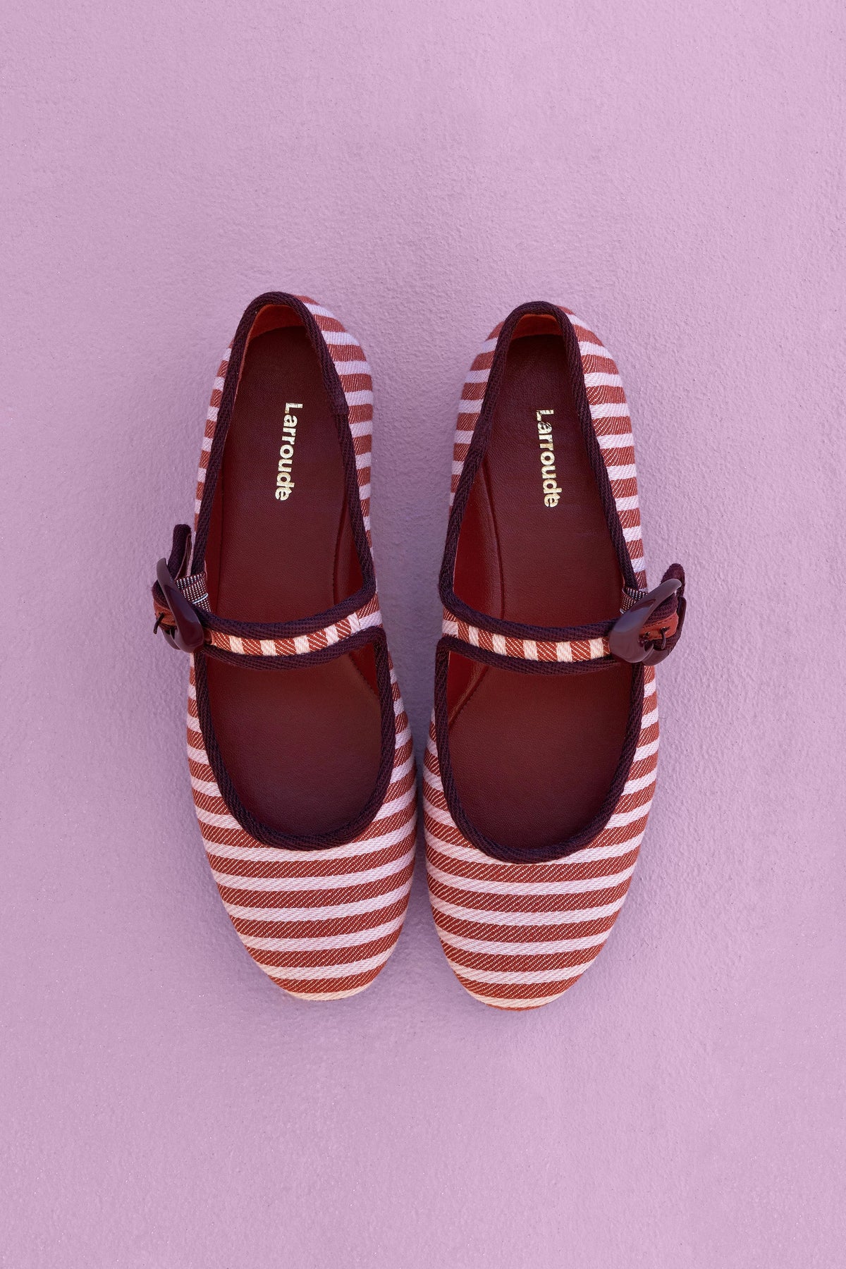 Larroude Verona Ballet Flat In Tulip and Carmine Striped Fabric and Burgundy Trimming