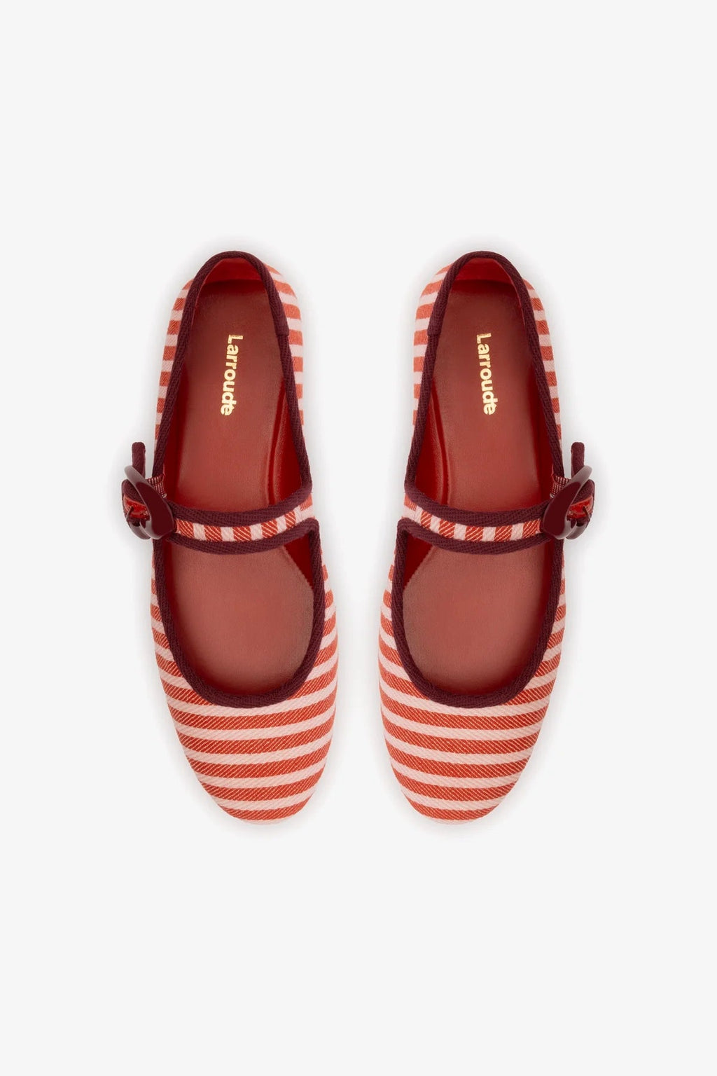 Larroude Verona Ballet Flat In Tulip and Carmine Striped Fabric and Burgundy Trimming