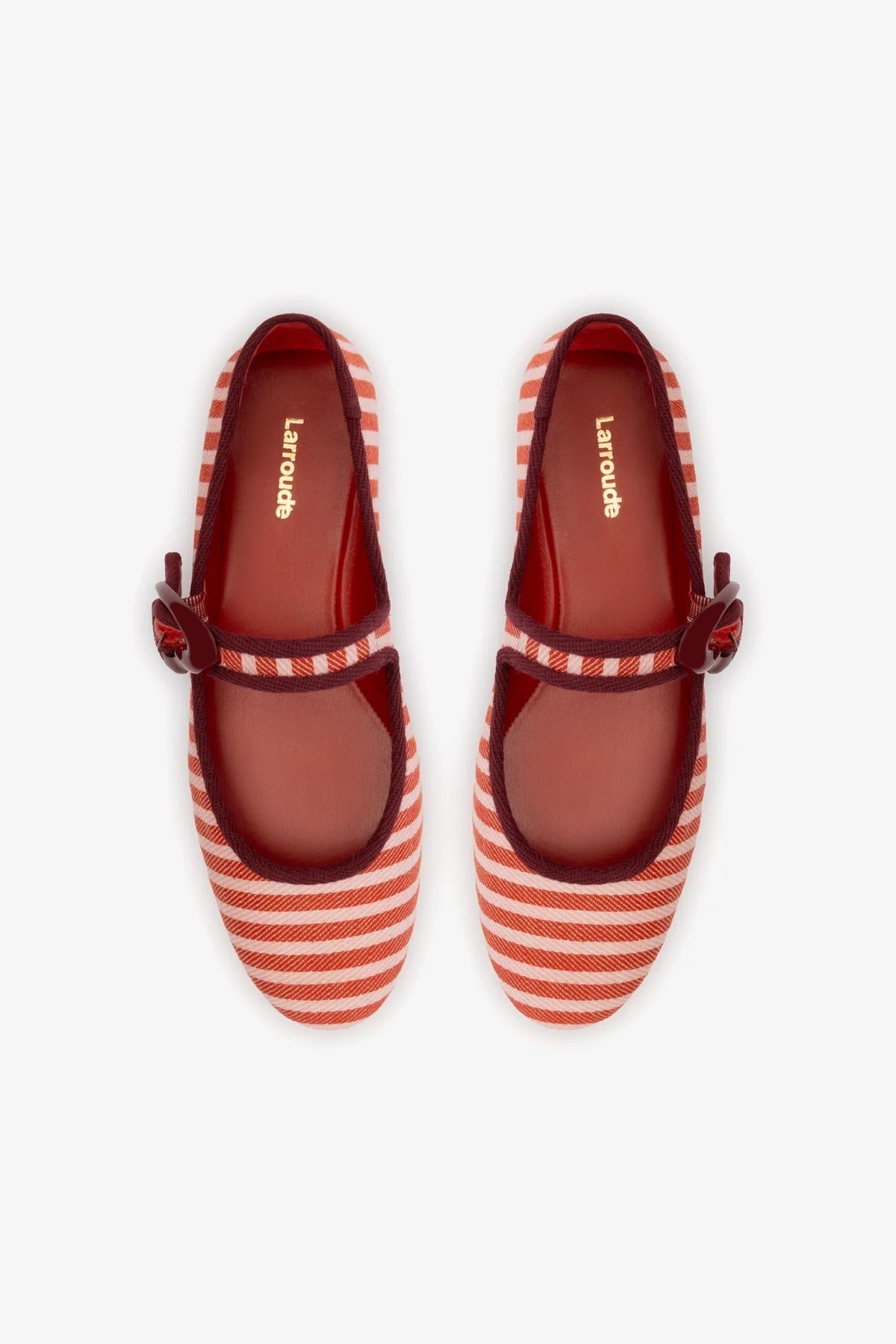 Larroude Verona Ballet Flat In Tulip and Carmine Striped Fabric and Burgundy Trimming