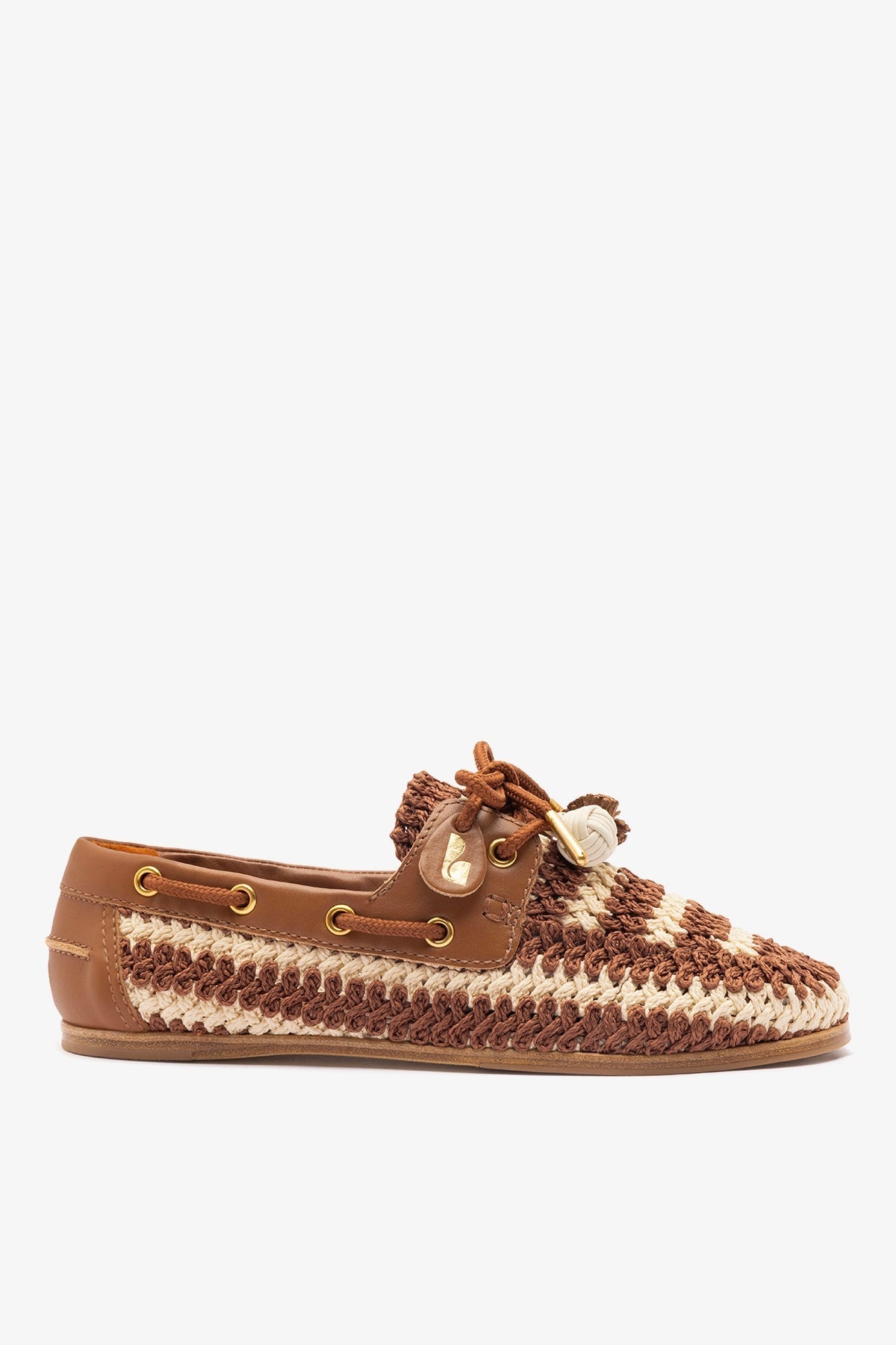 Larroude Cyprus Crochet Boat Shoe In Caramel and Ivory Crochet and Caramel Leather