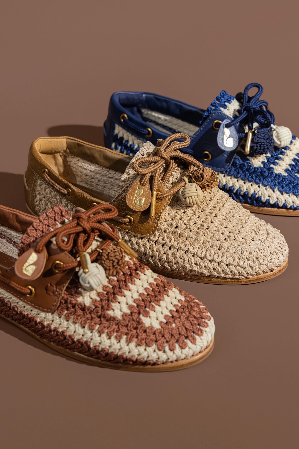Larroude Cyprus Crochet Boat Shoe In Caramel and Ivory Crochet and Caramel Leather