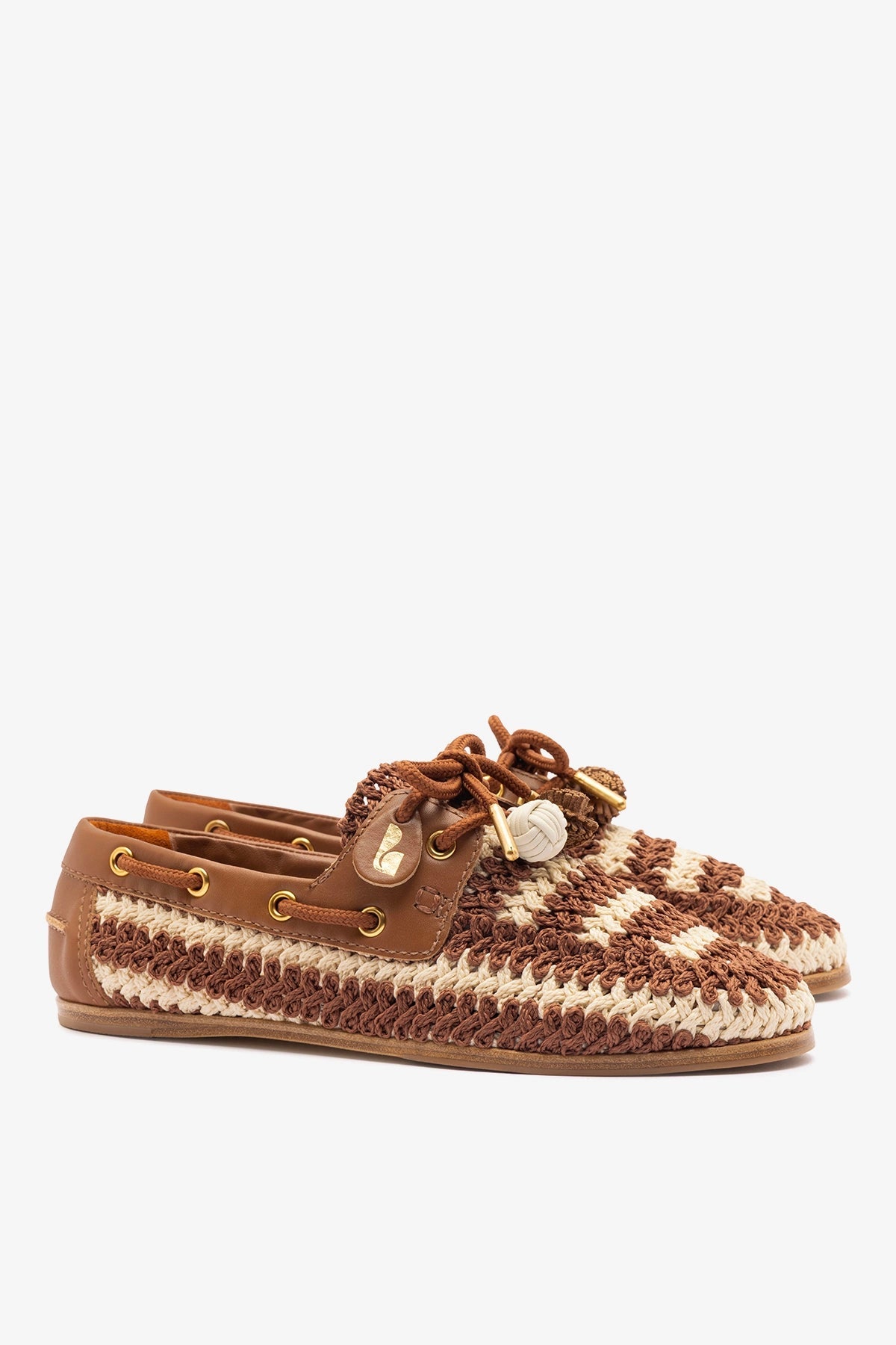 Larroude Cyprus Crochet Boat Shoe In Caramel and Ivory Crochet and Caramel Leather