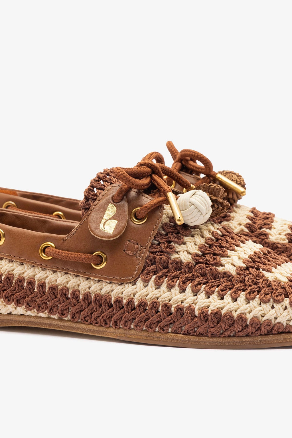 Larroude Cyprus Crochet Boat Shoe In Caramel and Ivory Crochet and Caramel Leather