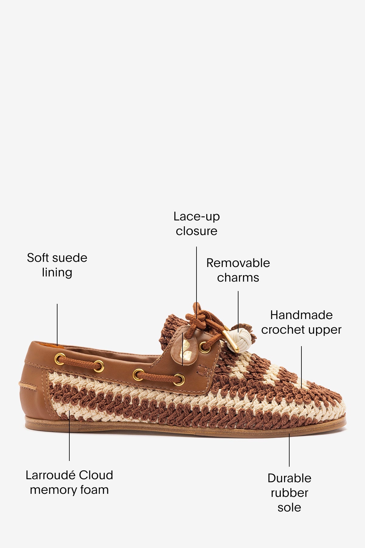 Larroude Cyprus Crochet Boat Shoe In Caramel and Ivory Crochet and Caramel Leather