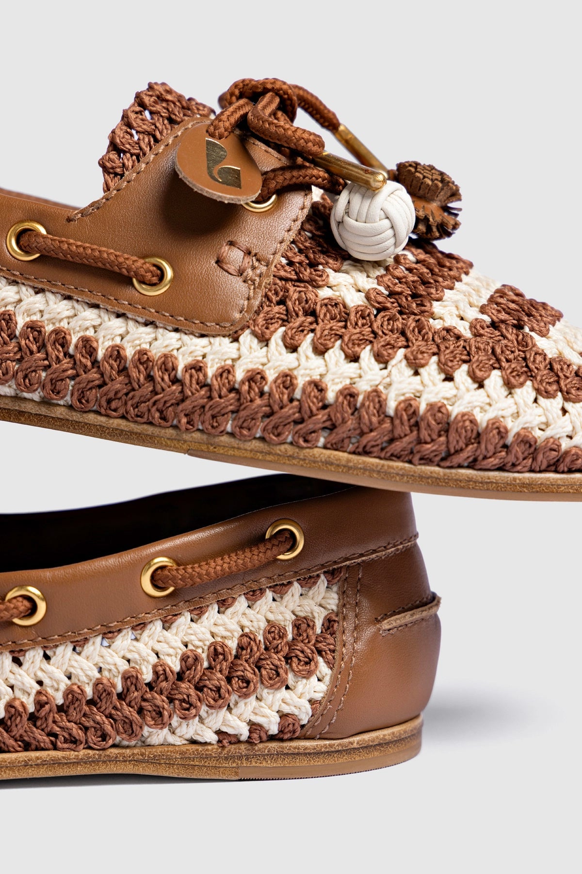 Larroude Cyprus Crochet Boat Shoe In Caramel and Ivory Crochet and Caramel Leather