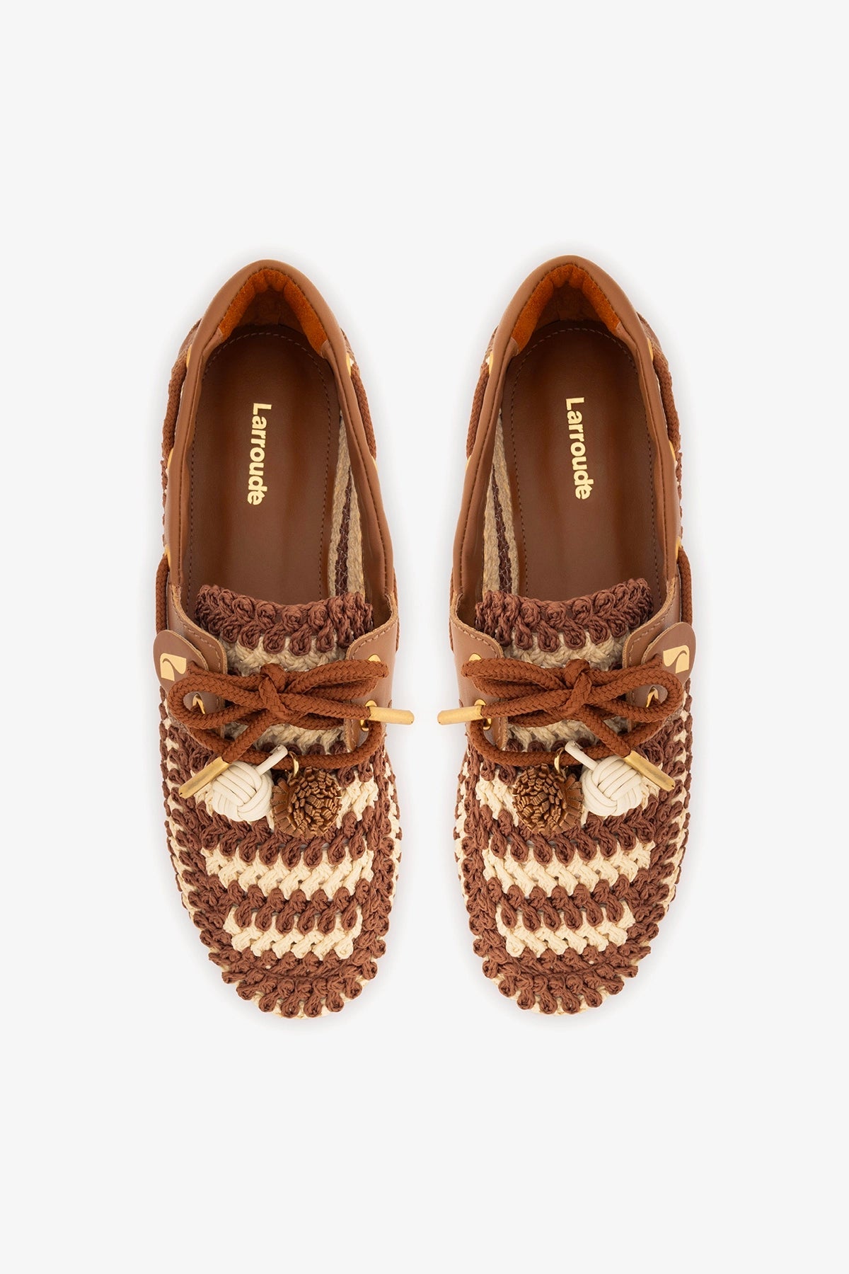 Larroude Cyprus Crochet Boat Shoe In Caramel and Ivory Crochet and Caramel Leather