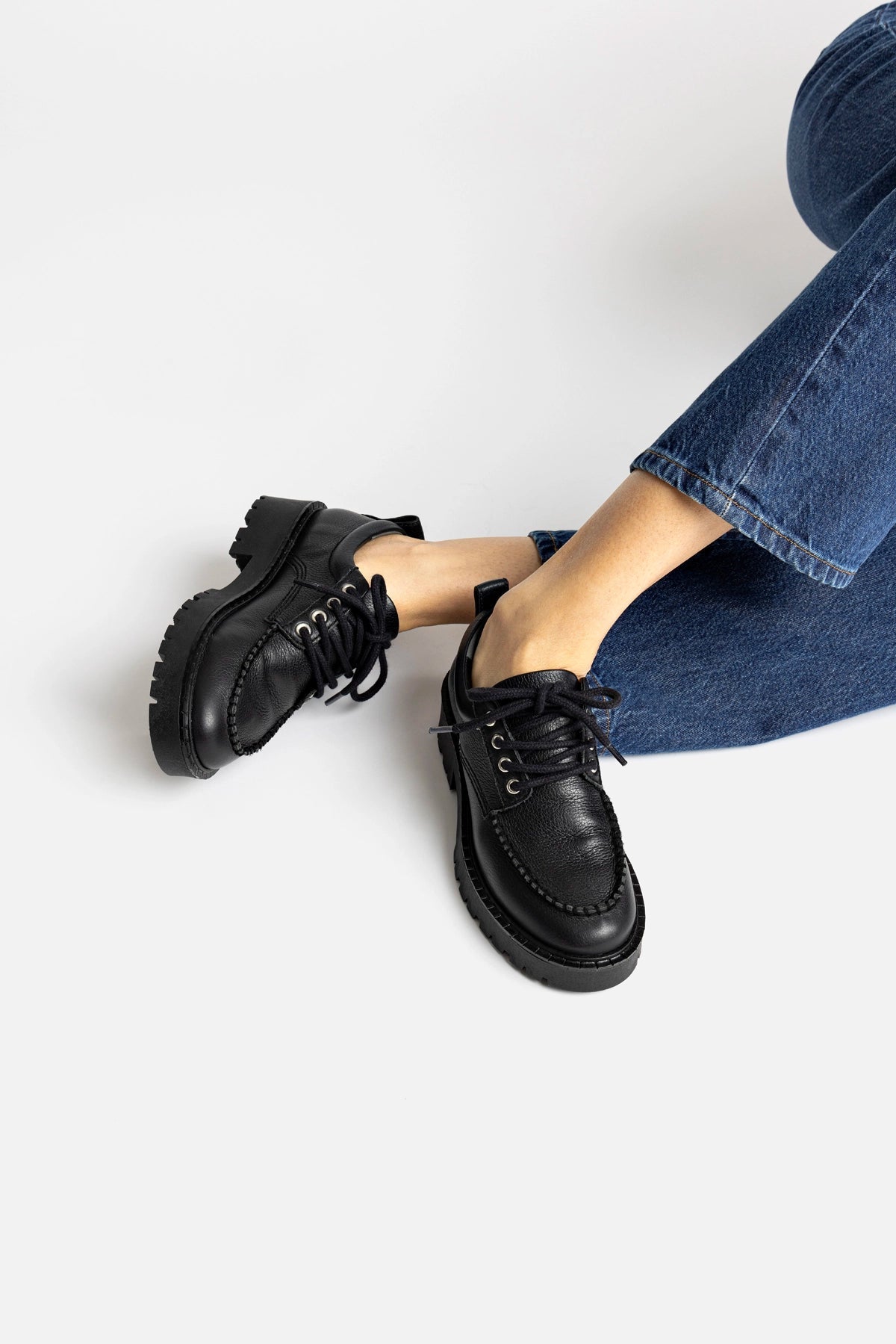 Larroude London Lace Up Loafer In Black Leather