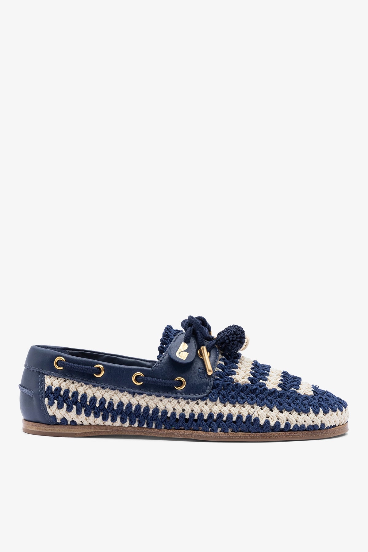 Larroude Cyprus Crochet Boat Shoe In Navy and Ivory Crochet and Navy Leather