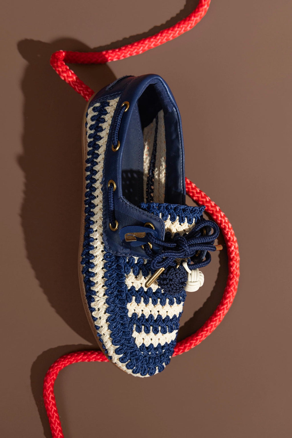 Larroude Cyprus Crochet Boat Shoe In Navy and Ivory Crochet and Navy Leather