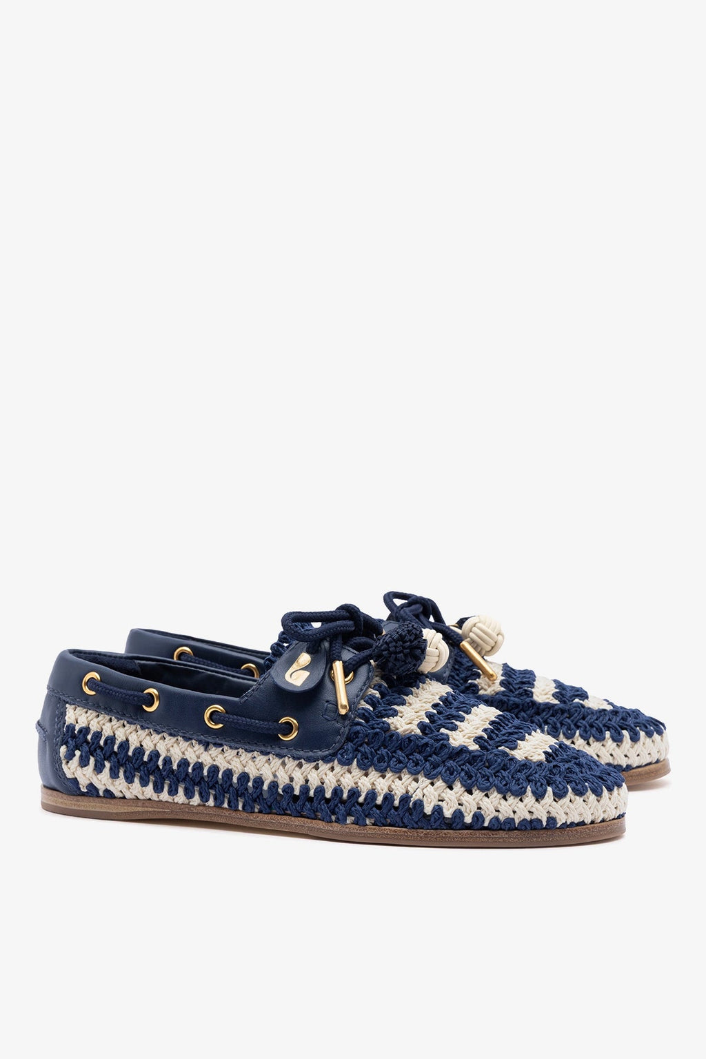 Larroude Cyprus Crochet Boat Shoe In Navy and Ivory Crochet and Navy Leather