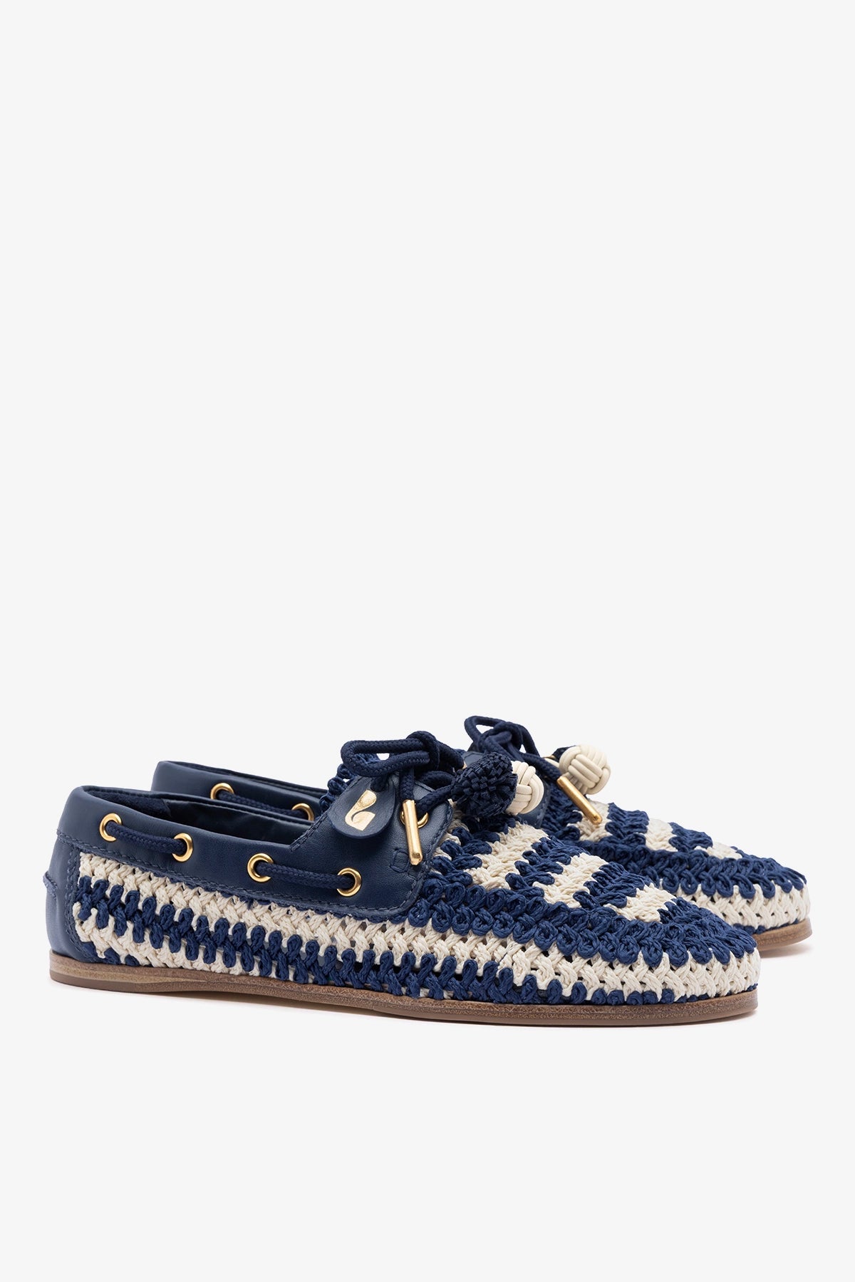 Larroude Cyprus Crochet Boat Shoe In Navy and Ivory Crochet and Navy Leather