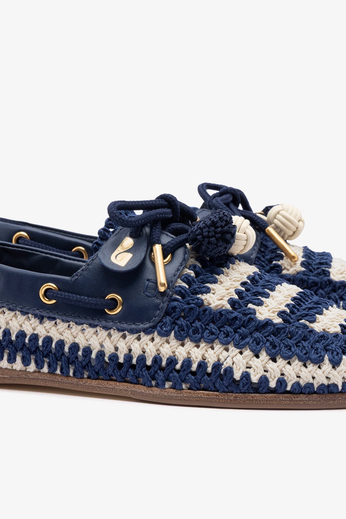 Larroude Cyprus Crochet Boat Shoe In Navy and Ivory Crochet and Navy Leather
