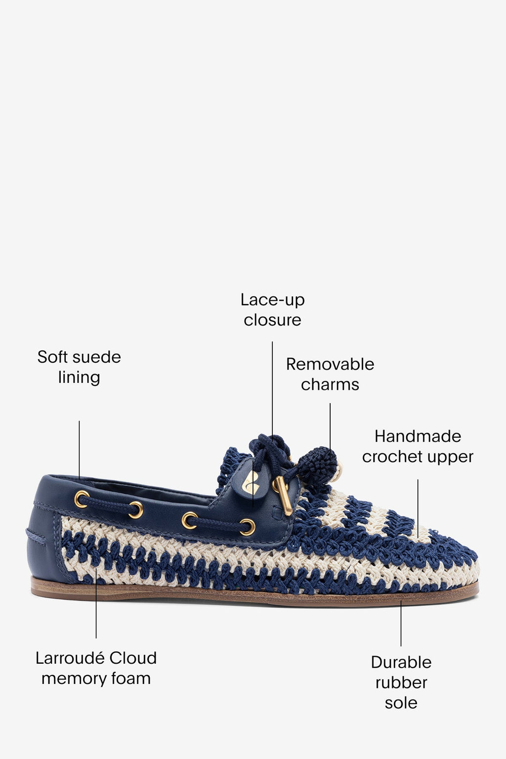 Larroude Cyprus Crochet Boat Shoe In Navy and Ivory Crochet and Navy Leather