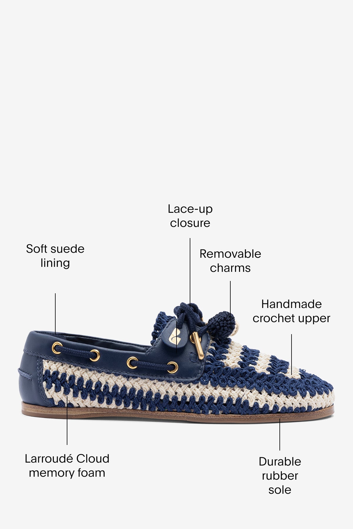 Larroude Cyprus Crochet Boat Shoe In Navy and Ivory Crochet and Navy Leather