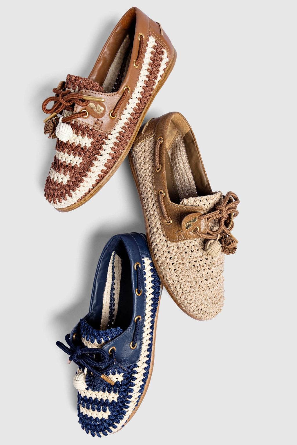 Larroude Cyprus Crochet Boat Shoe In Navy and Ivory Crochet and Navy Leather