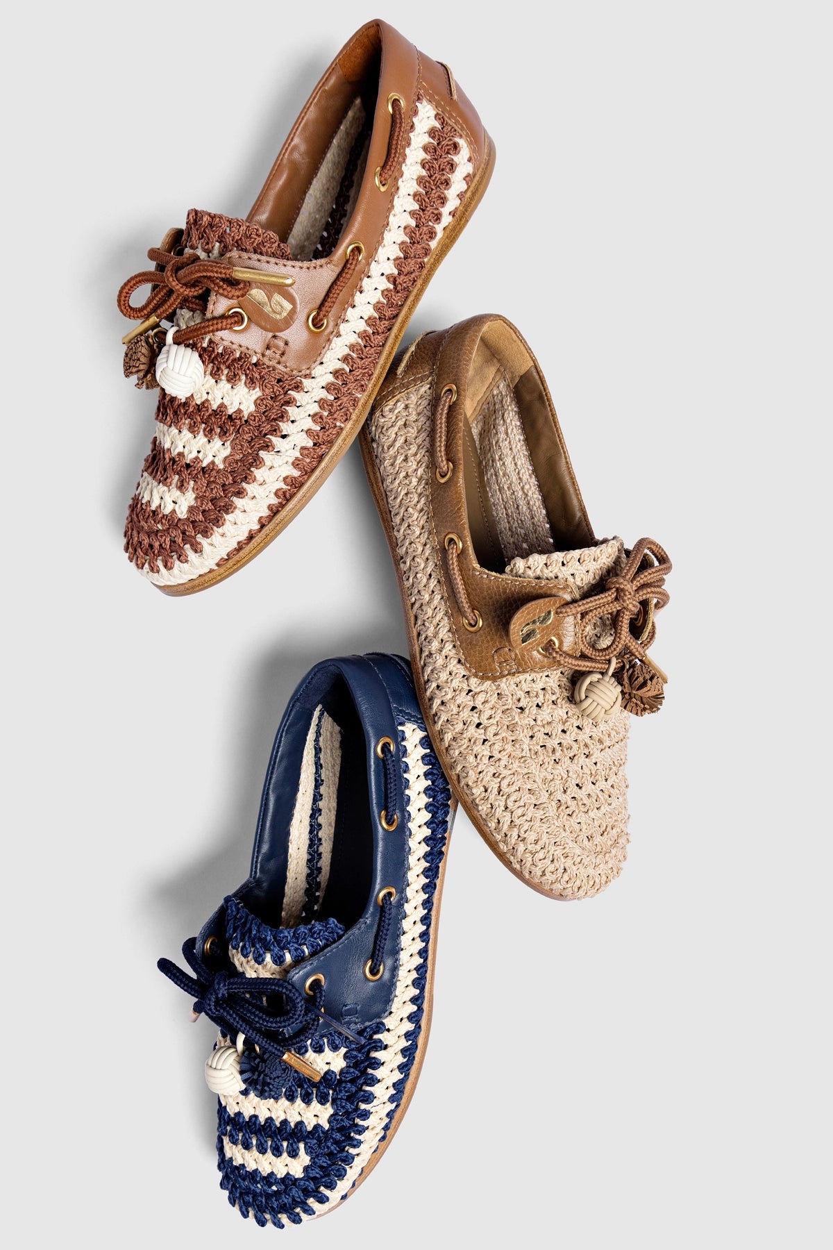 Larroude Cyprus Crochet Boat Shoe In Navy and Ivory Crochet and Navy Leather