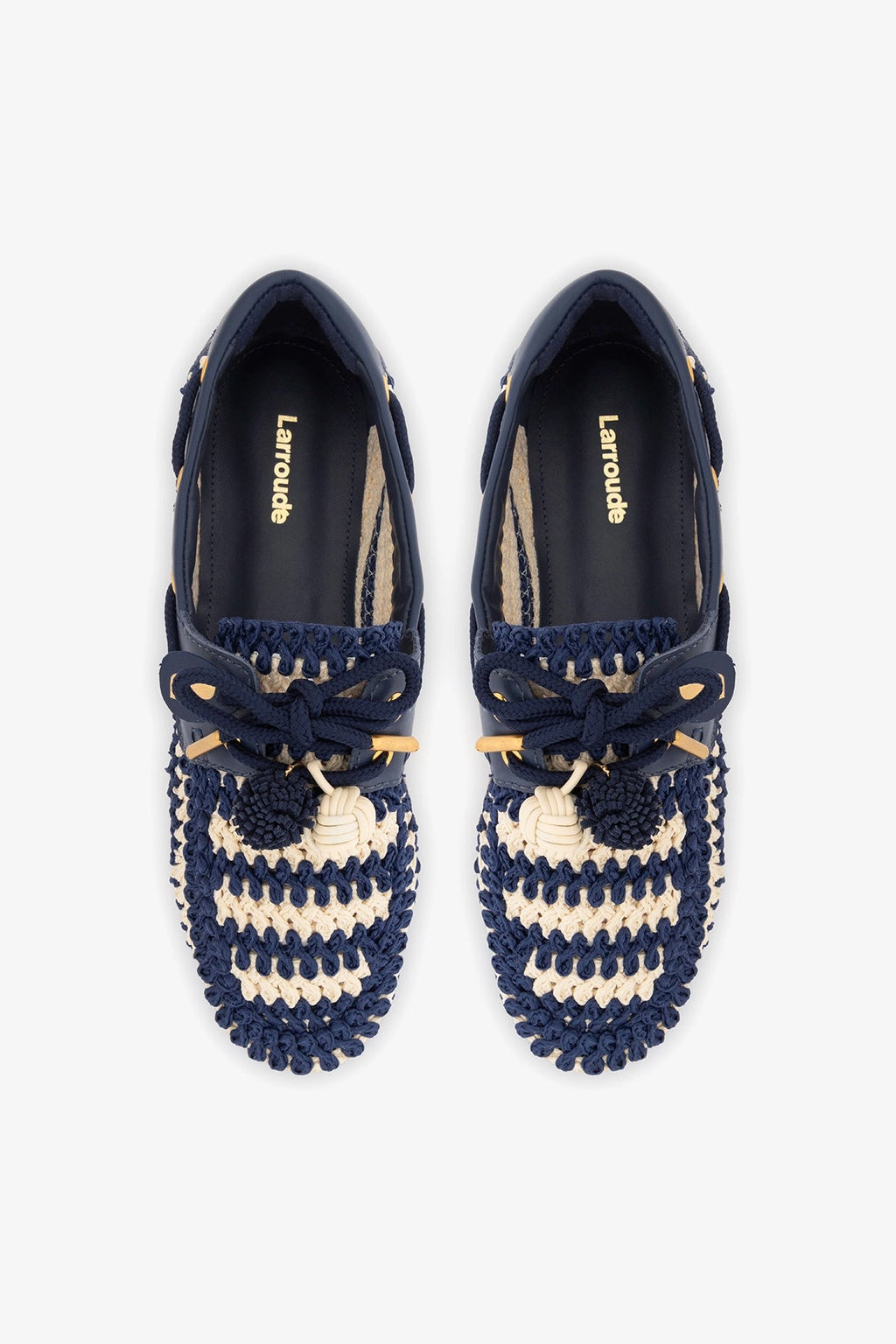 Larroude Cyprus Crochet Boat Shoe In Navy and Ivory Crochet and Navy Leather
