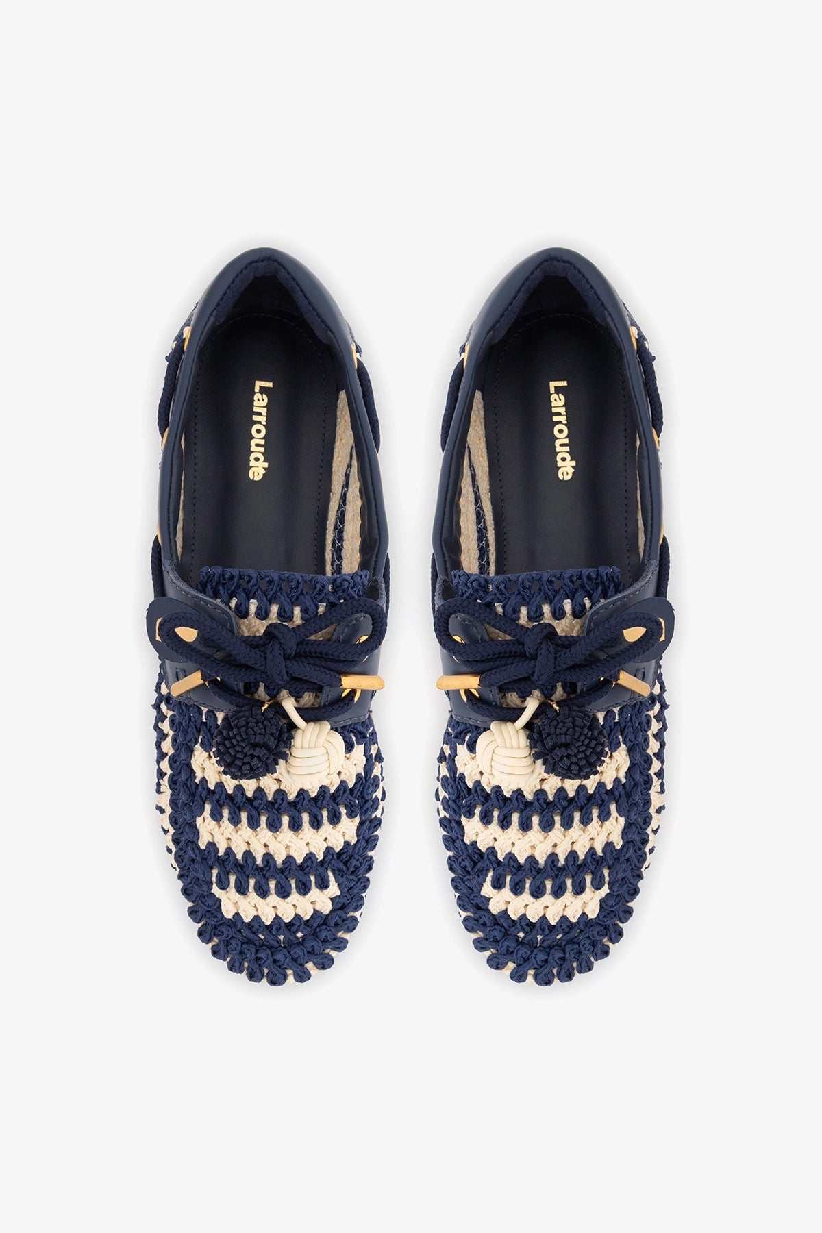 Larroude Cyprus Crochet Boat Shoe In Navy and Ivory Crochet and Navy Leather