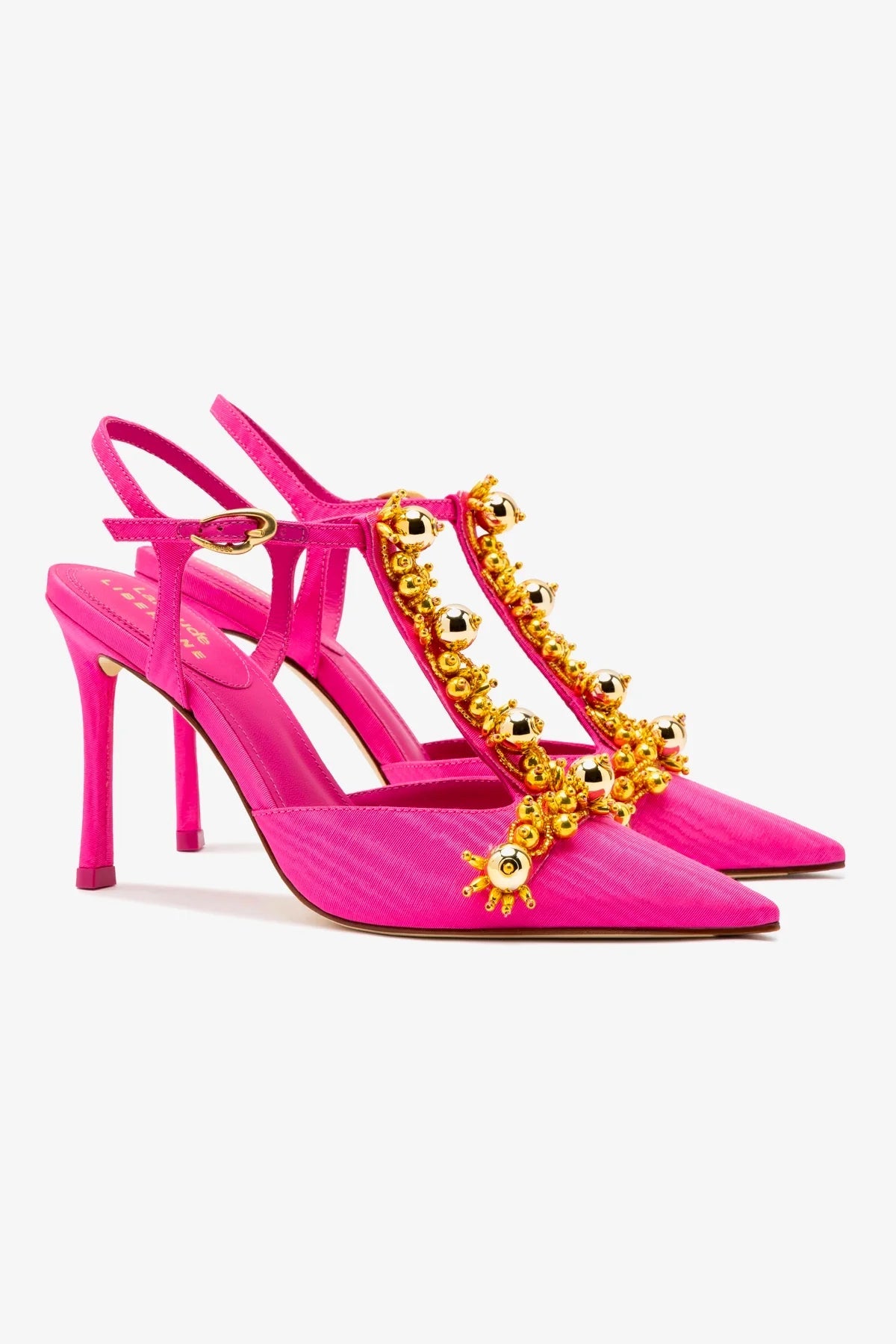 Larroude Larroudé x Libertine Pump In Magenta Fabric and Golden Balls