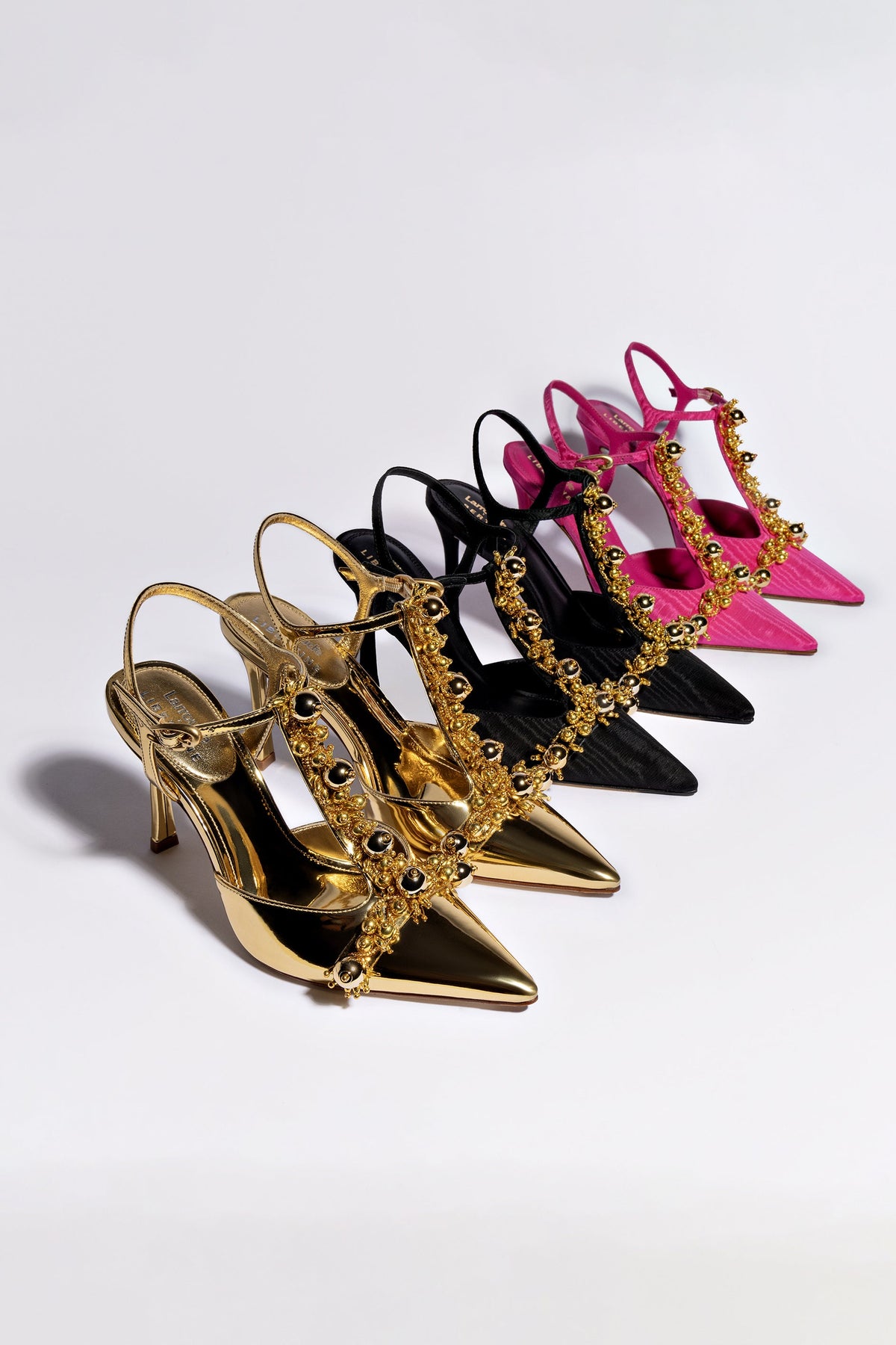 Larroude Larroudé x Libertine Pump In Magenta Fabric and Golden Balls
