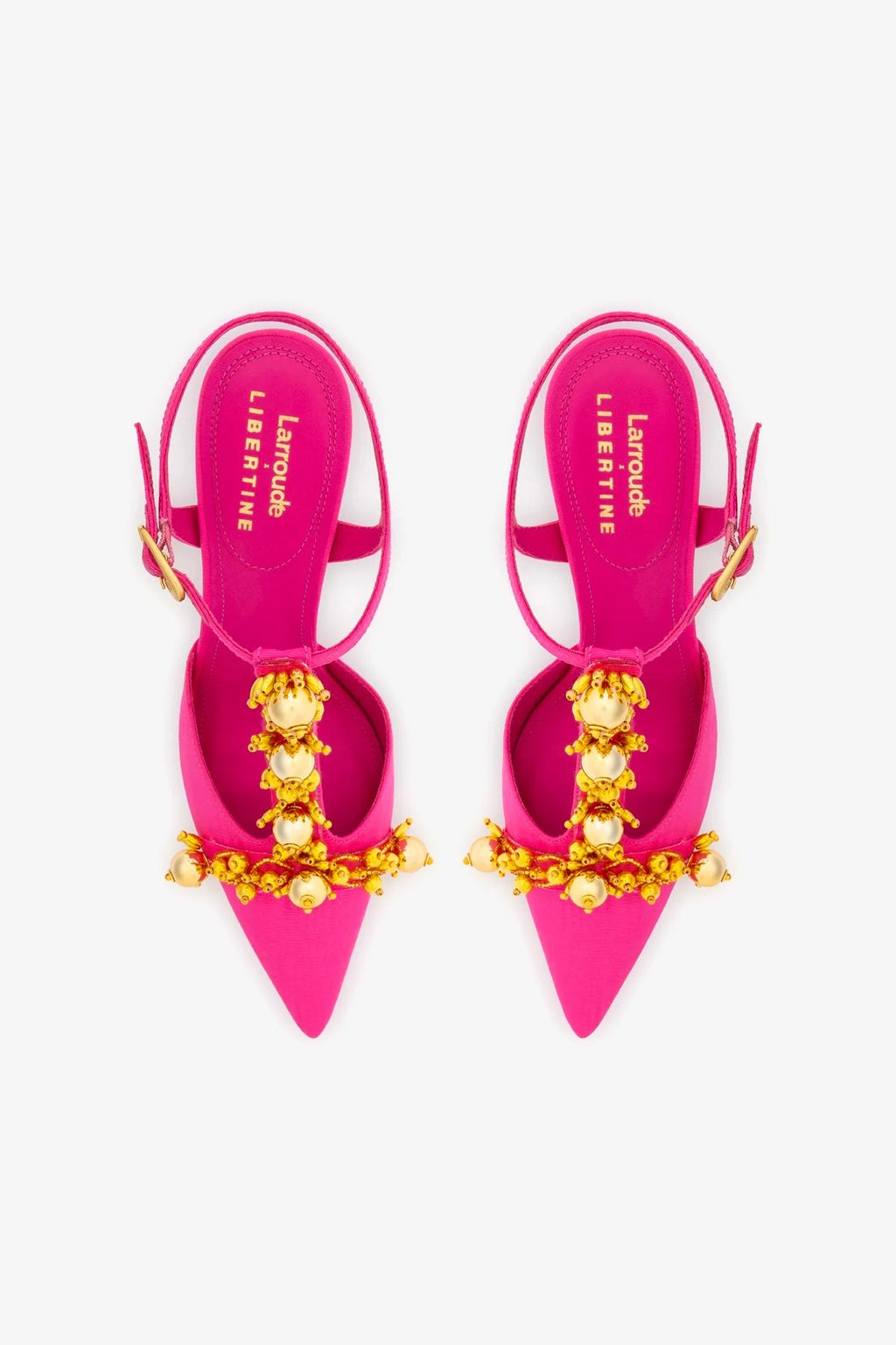Larroude Larroudé x Libertine Pump In Magenta Fabric and Golden Balls