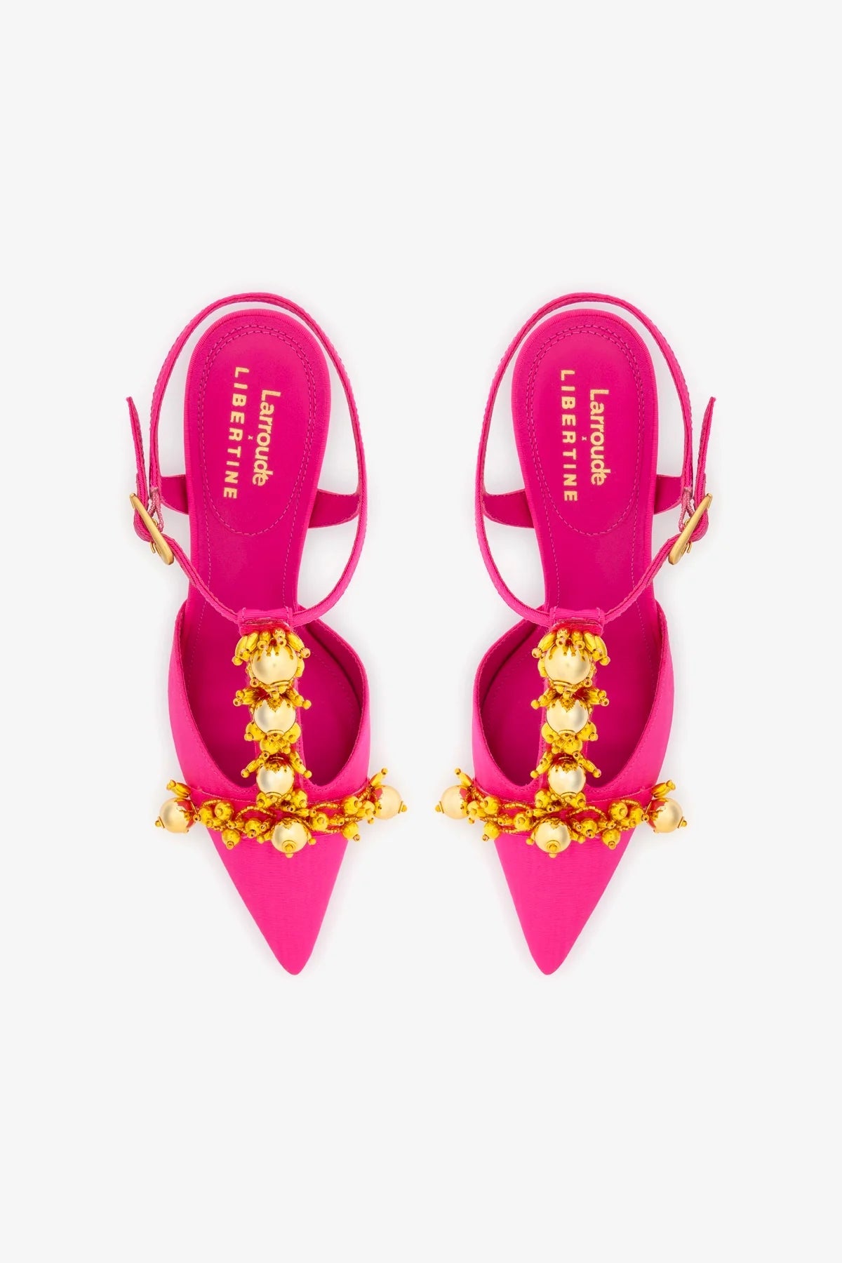 Larroude Larroudé x Libertine Pump In Magenta Fabric and Golden Balls