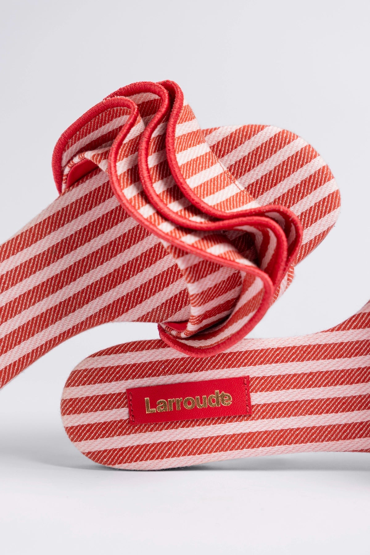Larroude Ivy Ruffle Flat Carmine Striped Canvas
