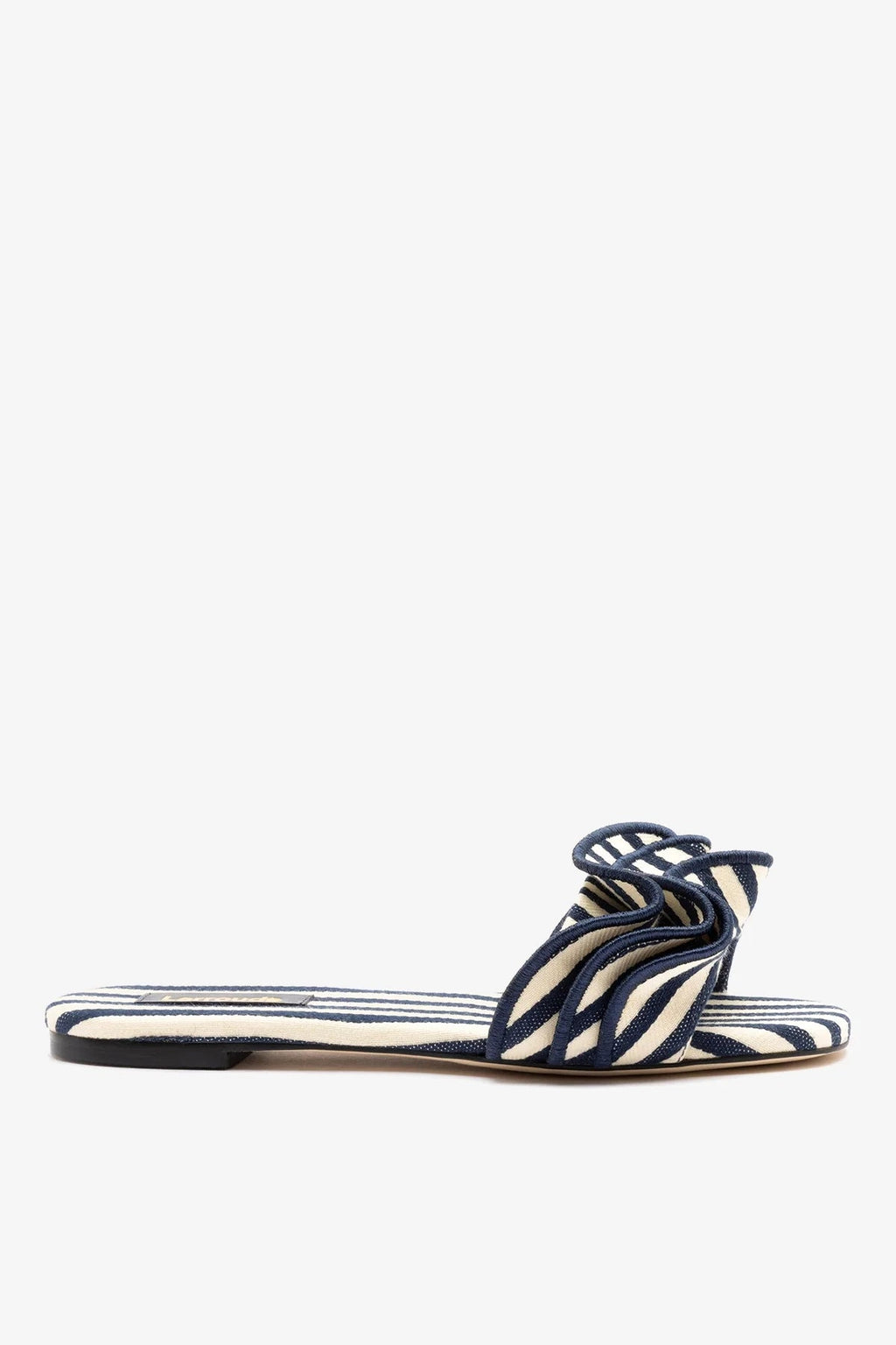 Larroude Ivy Ruffle Flat Navy Striped Canvas