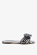 Larroude Ivy Ruffle Flat Navy Striped Canvas