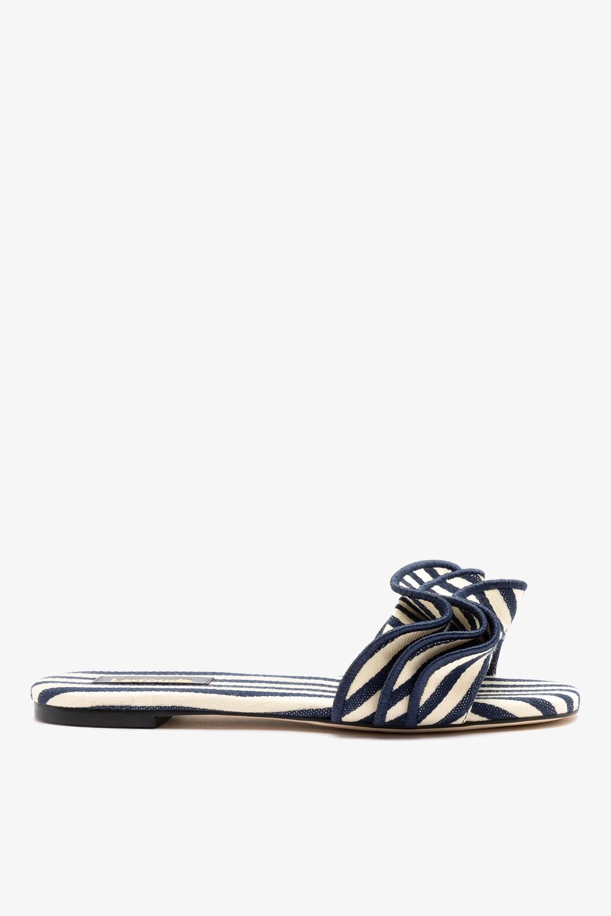 Larroude Ivy Ruffle Flat Navy Striped Canvas