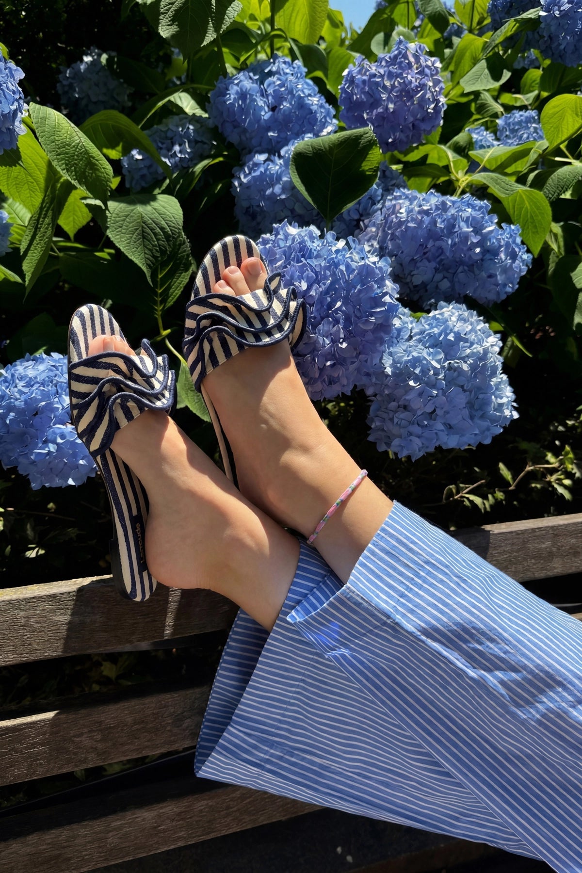 Larroude Ivy Ruffle Flat Navy Striped Canvas