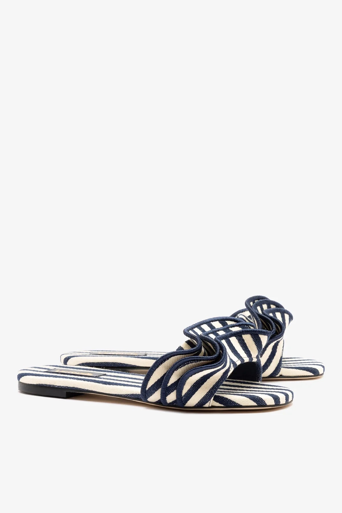 Larroude Ivy Ruffle Flat Navy Striped Canvas