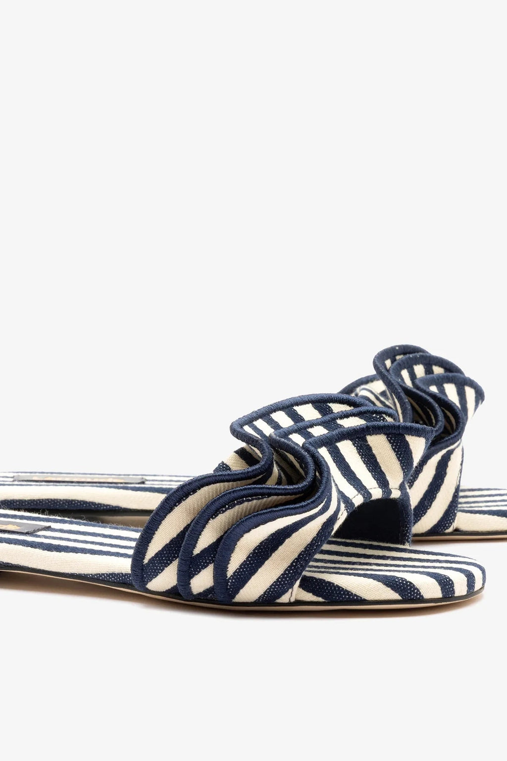 Larroude Ivy Ruffle Flat Navy Striped Canvas