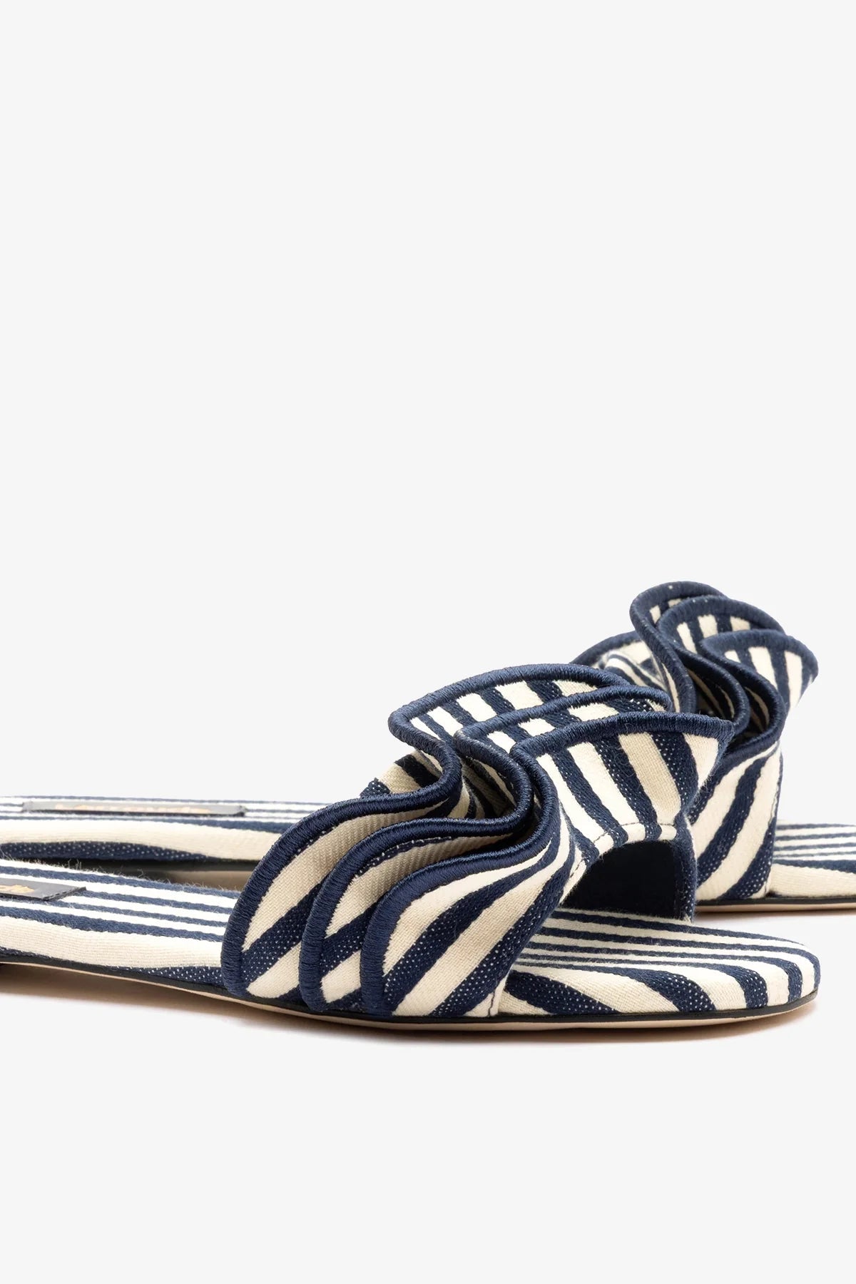 Larroude Ivy Ruffle Flat Navy Striped Canvas