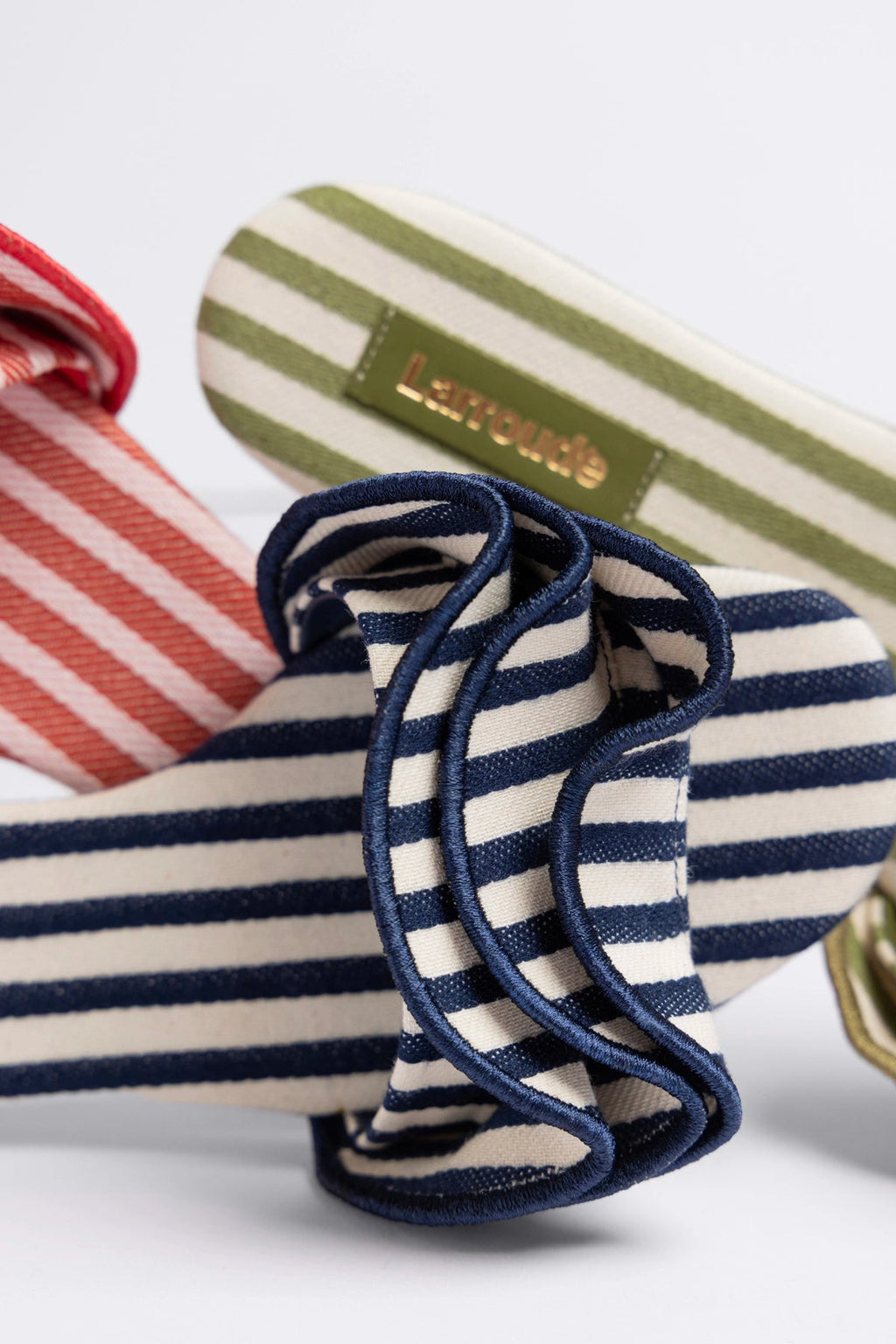 Larroude Ivy Ruffle Flat Navy Striped Canvas