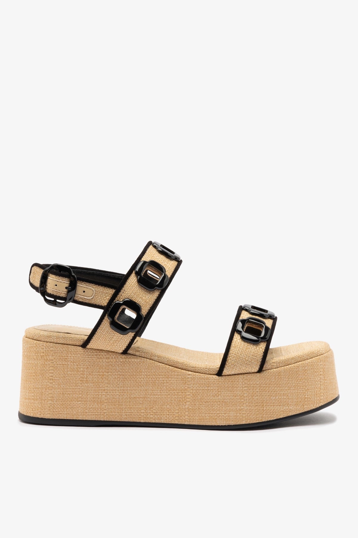 Larroude Milan Flatform In Beige Raffia and Black Trimming