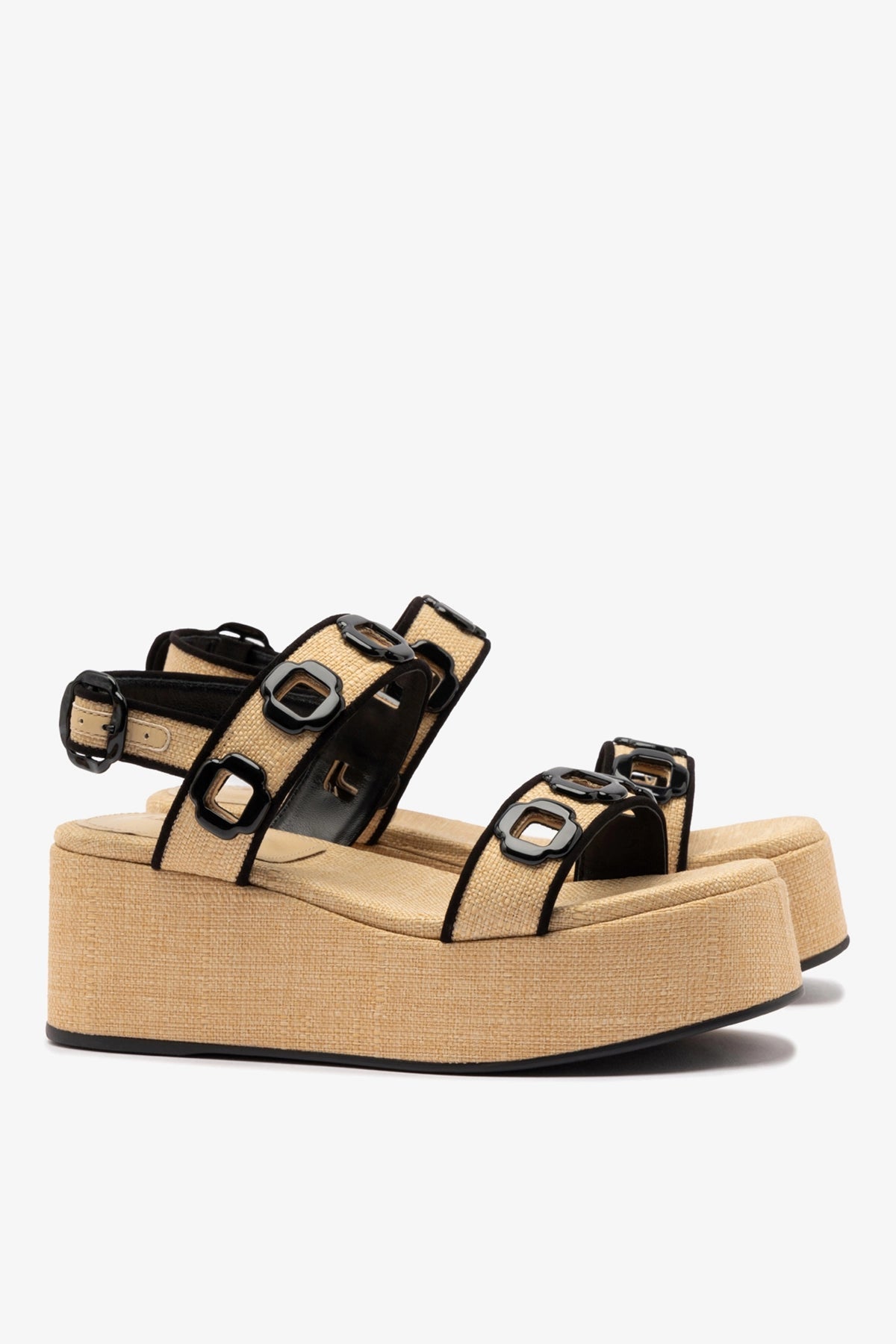 Larroude Milan Flatform In Beige Raffia and Black Trimming