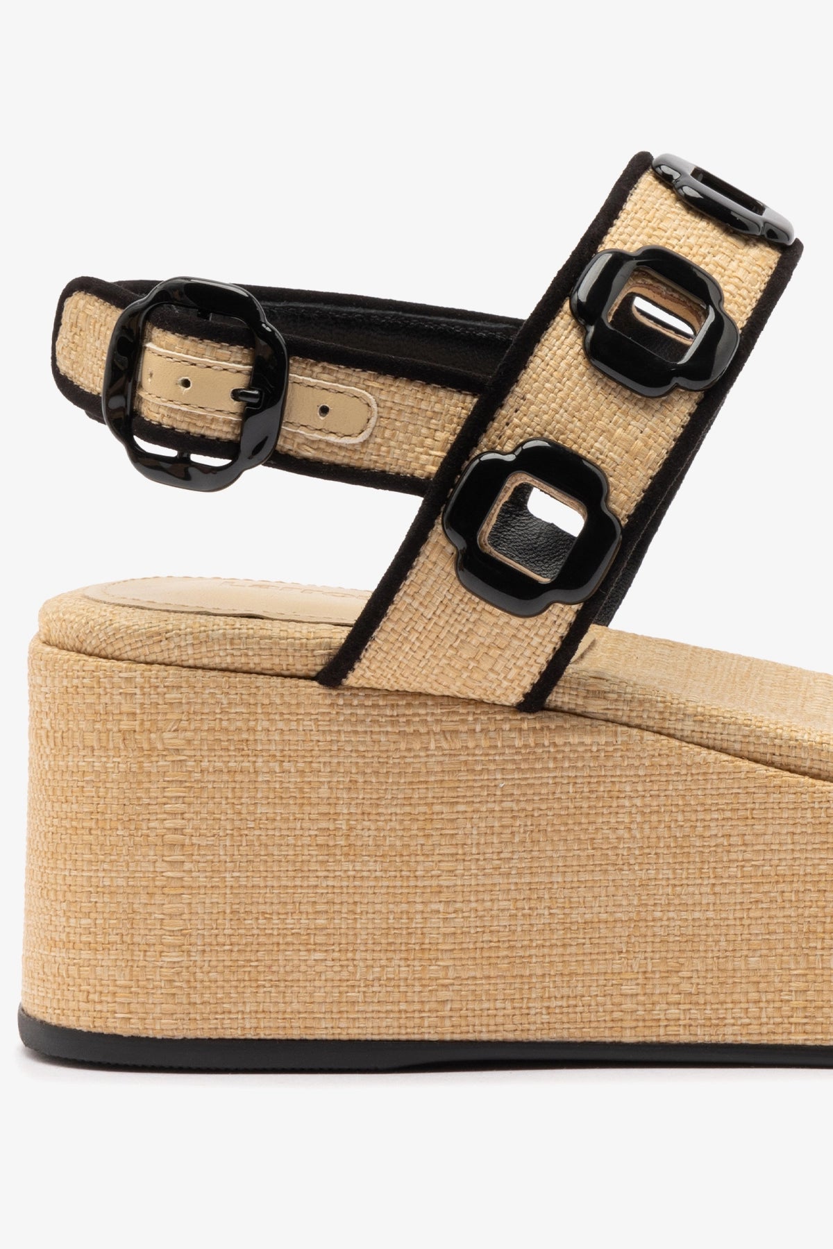 Larroude Milan Flatform In Beige Raffia and Black Trimming